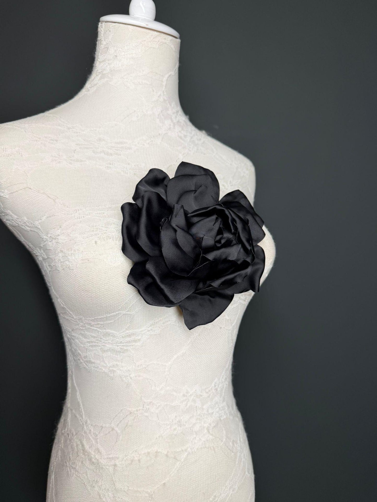 Black Handmade Satin Corsage Flower, Pin-On Brooch (6" Wide)