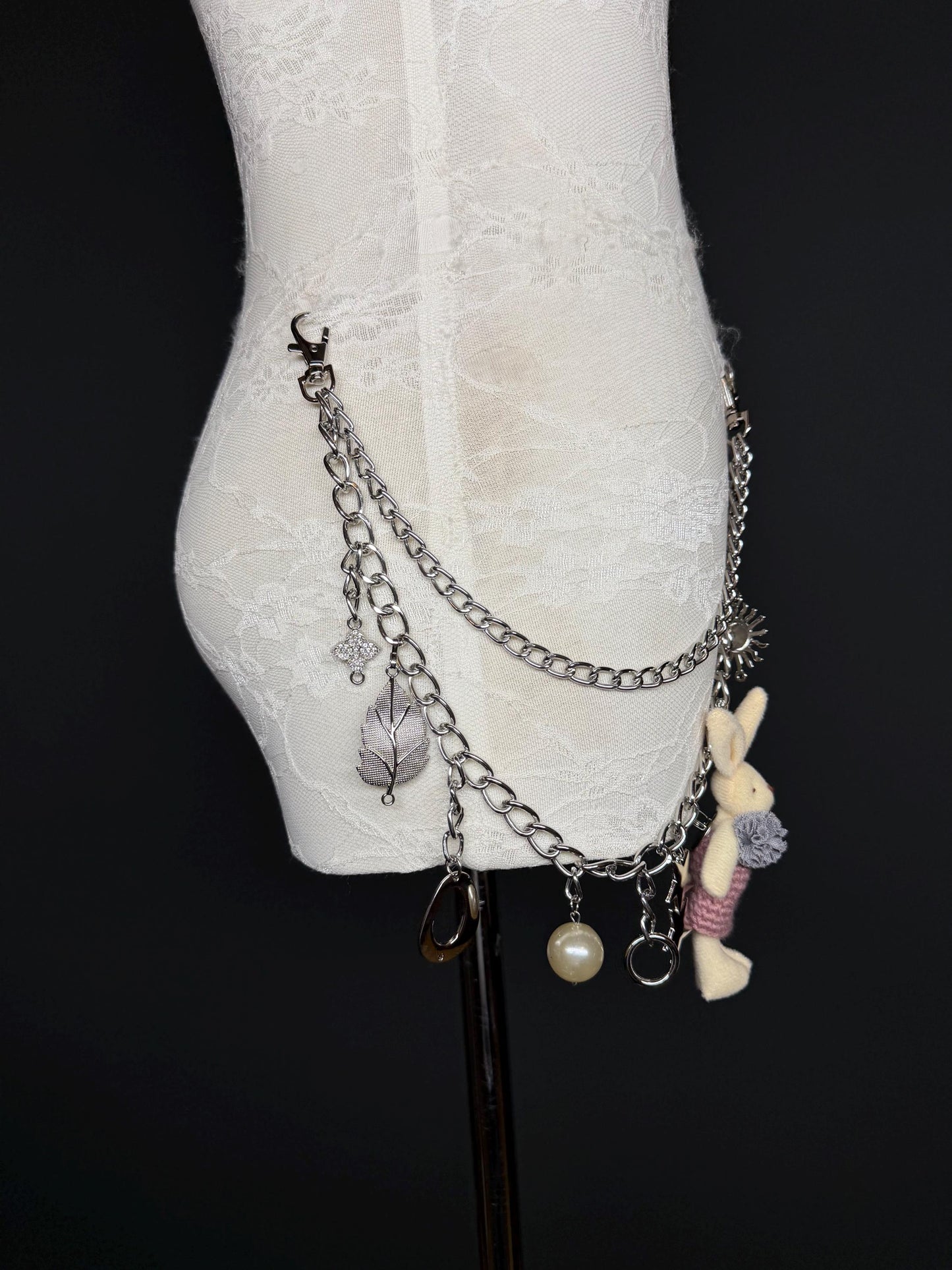 Handmade Jeans Chain with Charms, Silver Metal, Custom Length