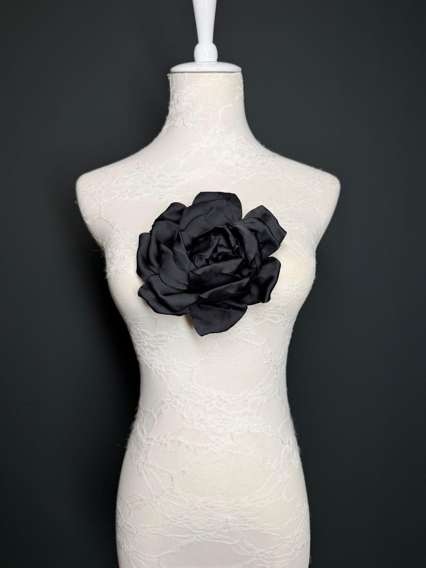 Black Handmade Satin Corsage Flower, Pin-On Brooch (6" Wide)