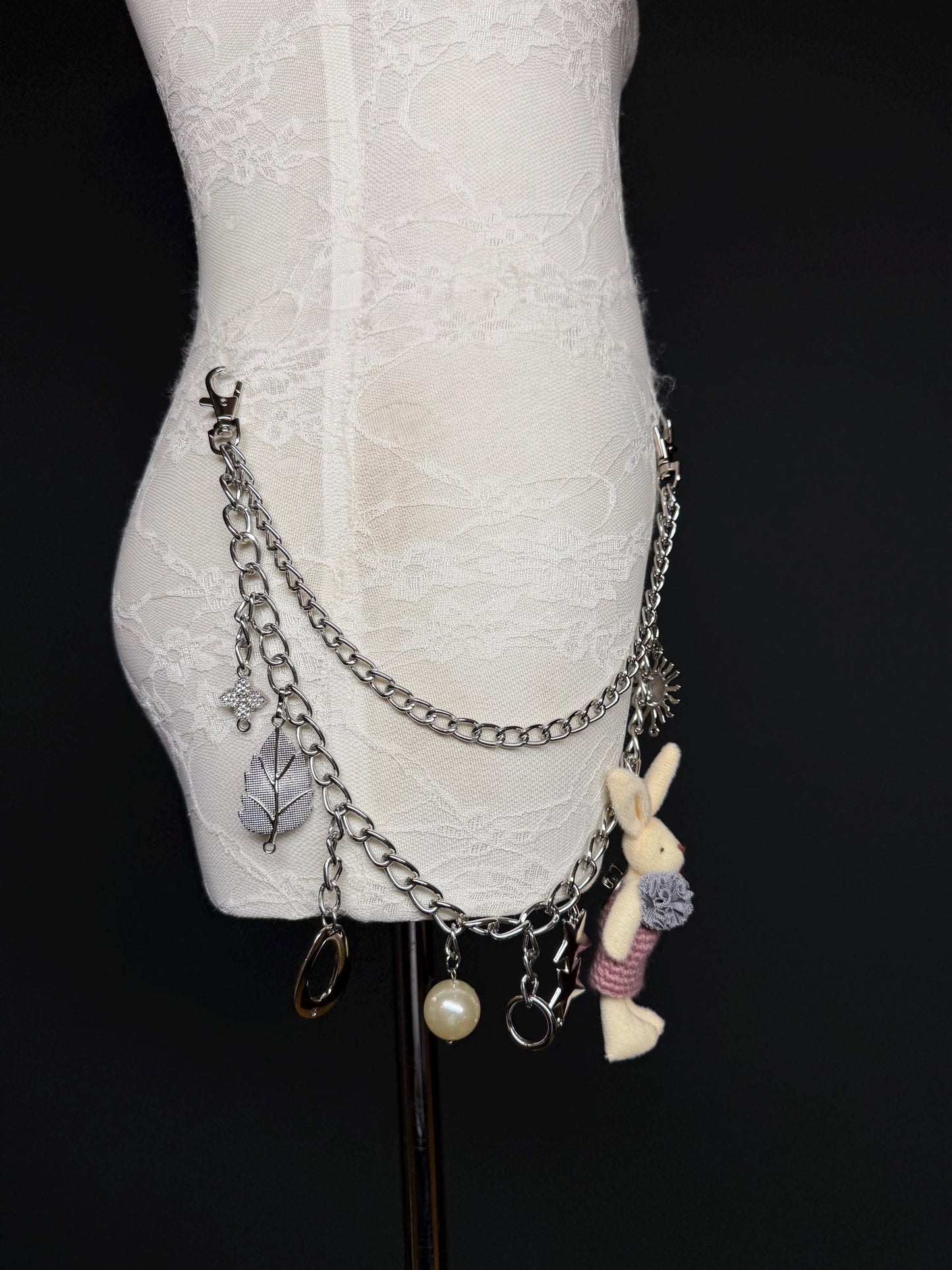 Handmade Jeans Chain with Charms, Silver Metal, Custom Length