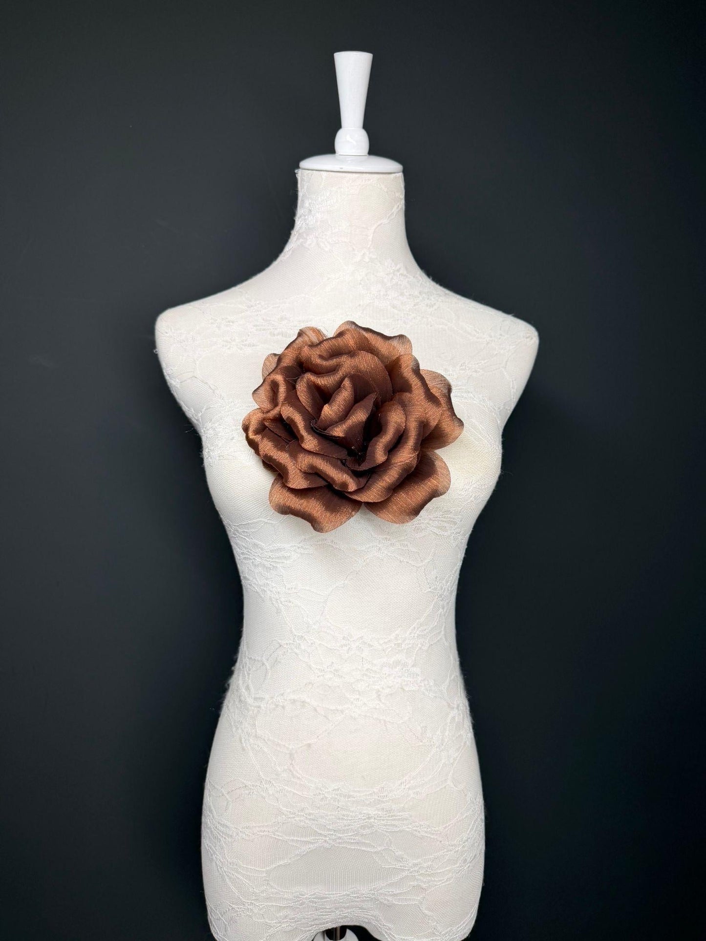 Brown Handmade Organza Corsage Flower, Pin-On Brooch (6" Wide)