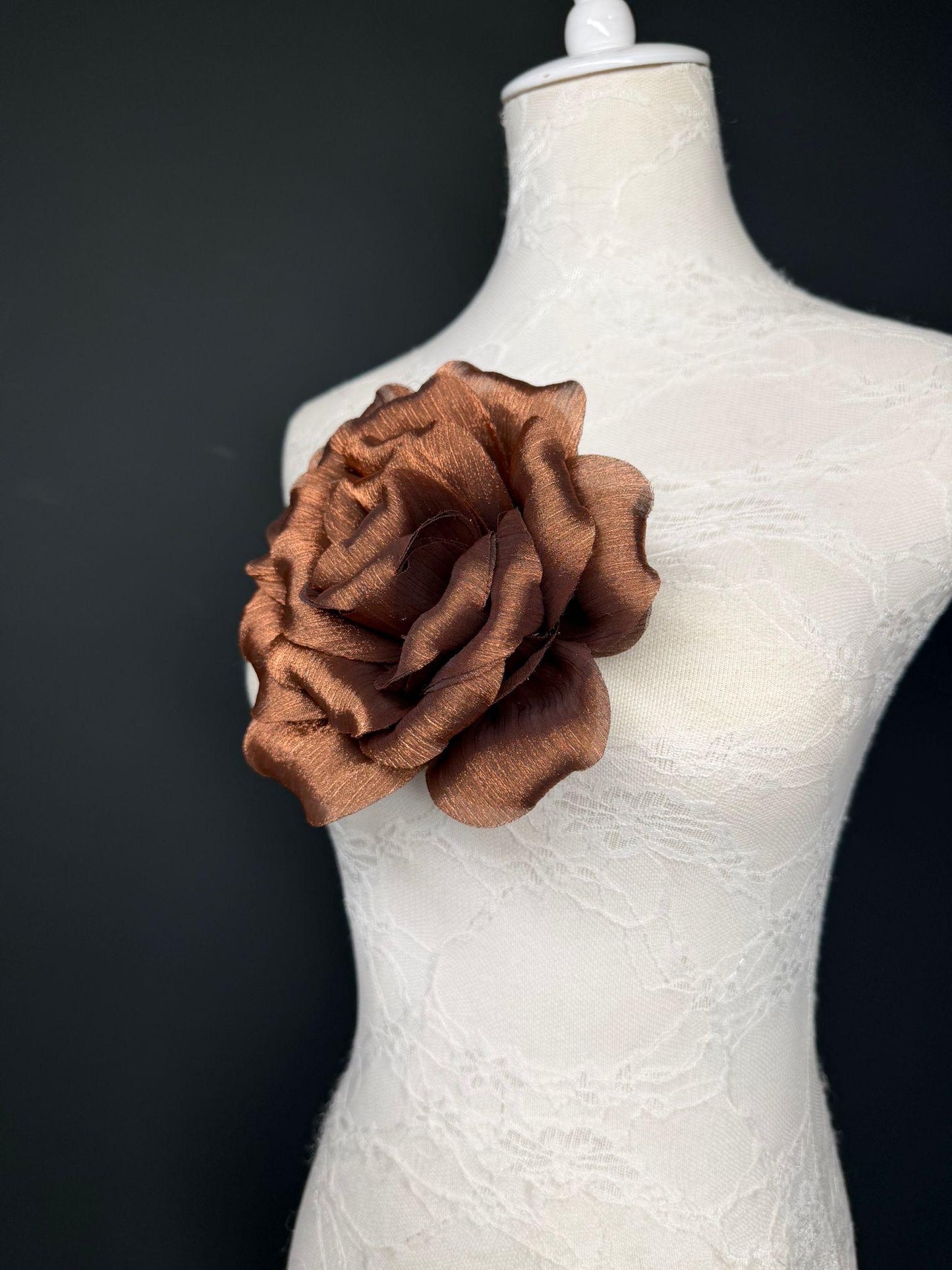Brown Handmade Organza Corsage Flower, Pin-On Brooch (6" Wide)