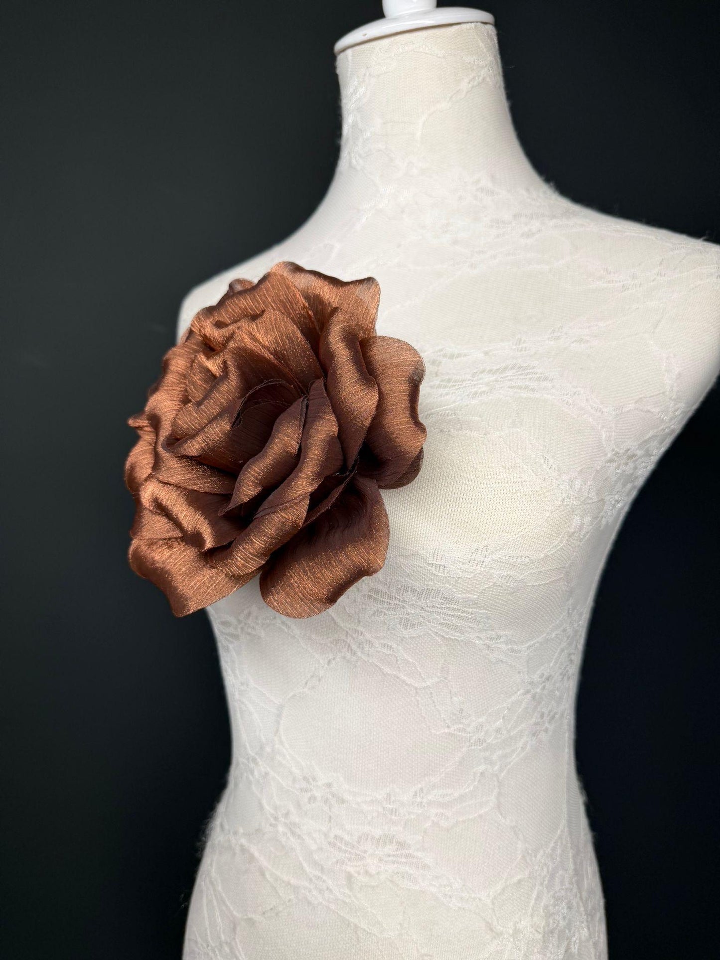 Brown Handmade Organza Corsage Flower, Pin-On Brooch (6" Wide)