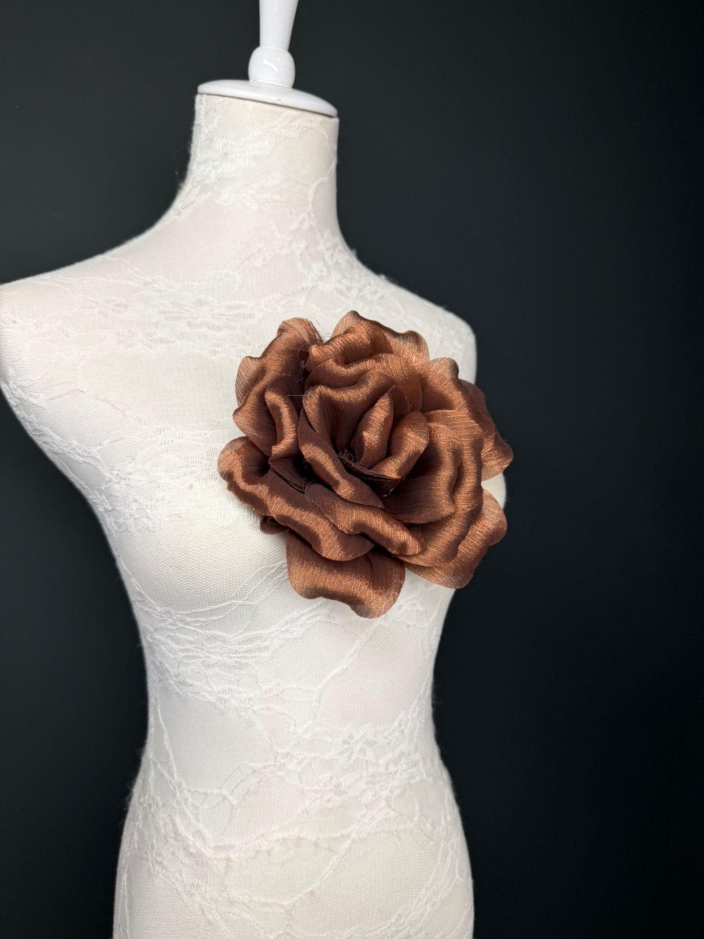 Brown Handmade Organza Corsage Flower, Pin-On Brooch (6" Wide)