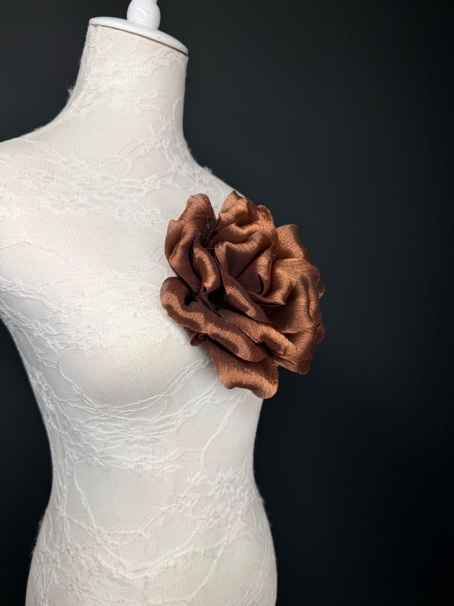 Brown Handmade Organza Corsage Flower, Pin-On Brooch (6" Wide)