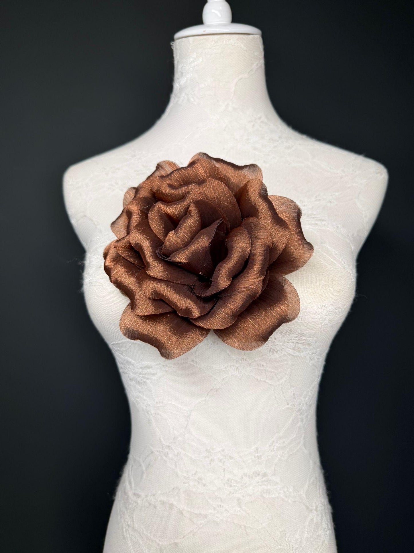 Brown Handmade Organza Corsage Flower, Pin-On Brooch (6" Wide)
