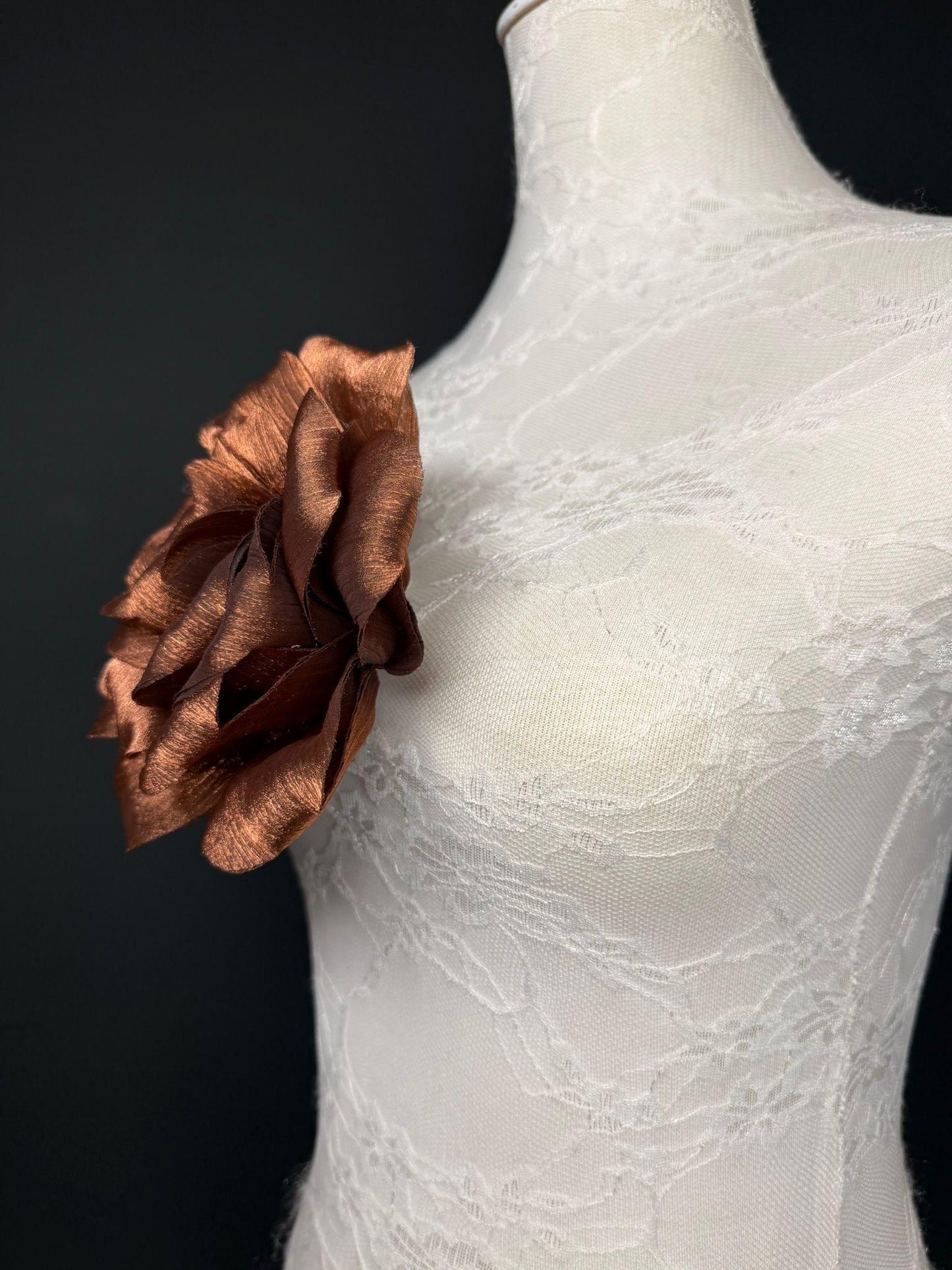 Brown Handmade Organza Corsage Flower, Pin-On Brooch (6" Wide)