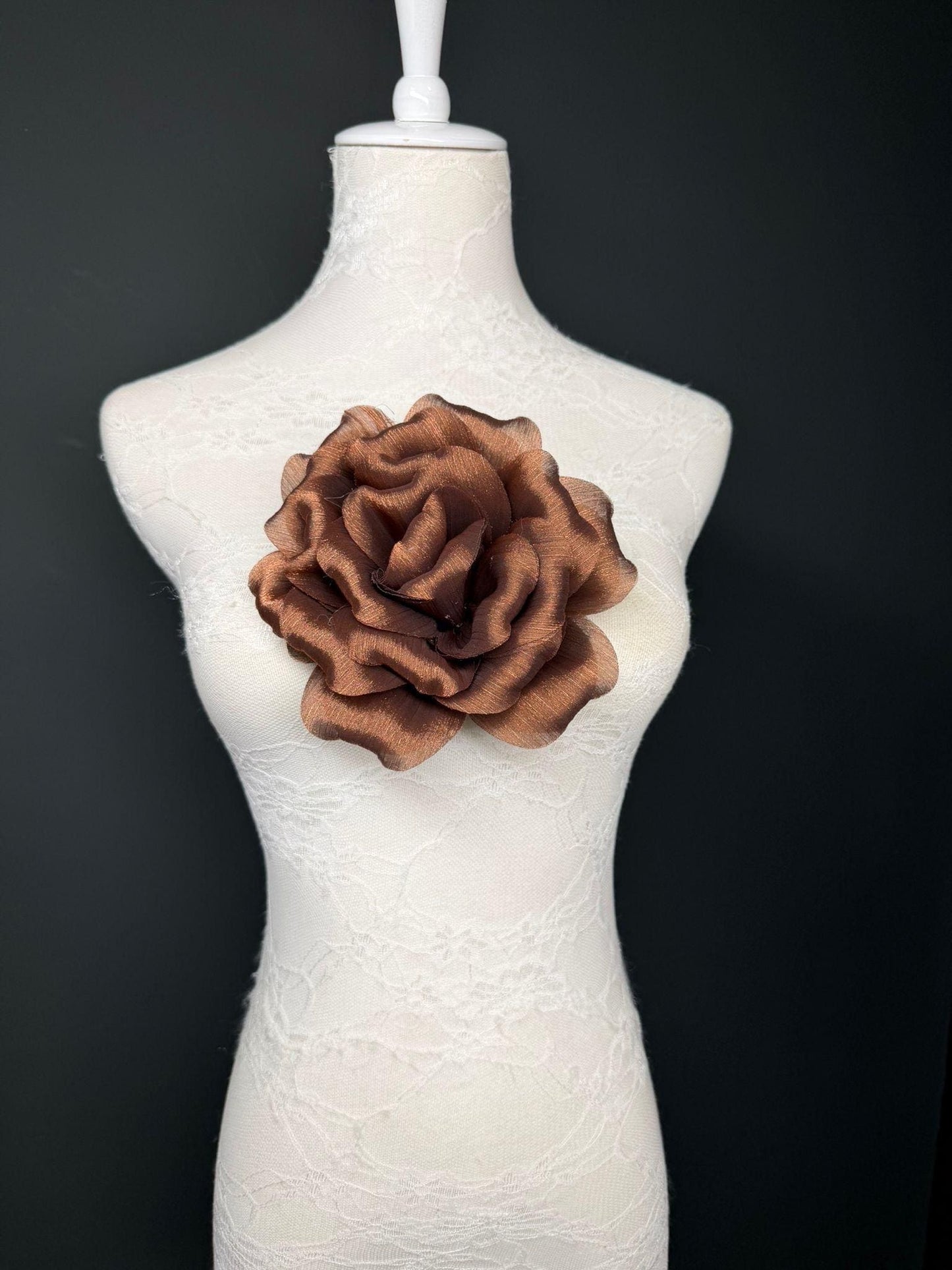 Brown Handmade Organza Corsage Flower, Pin-On Brooch (6" Wide)