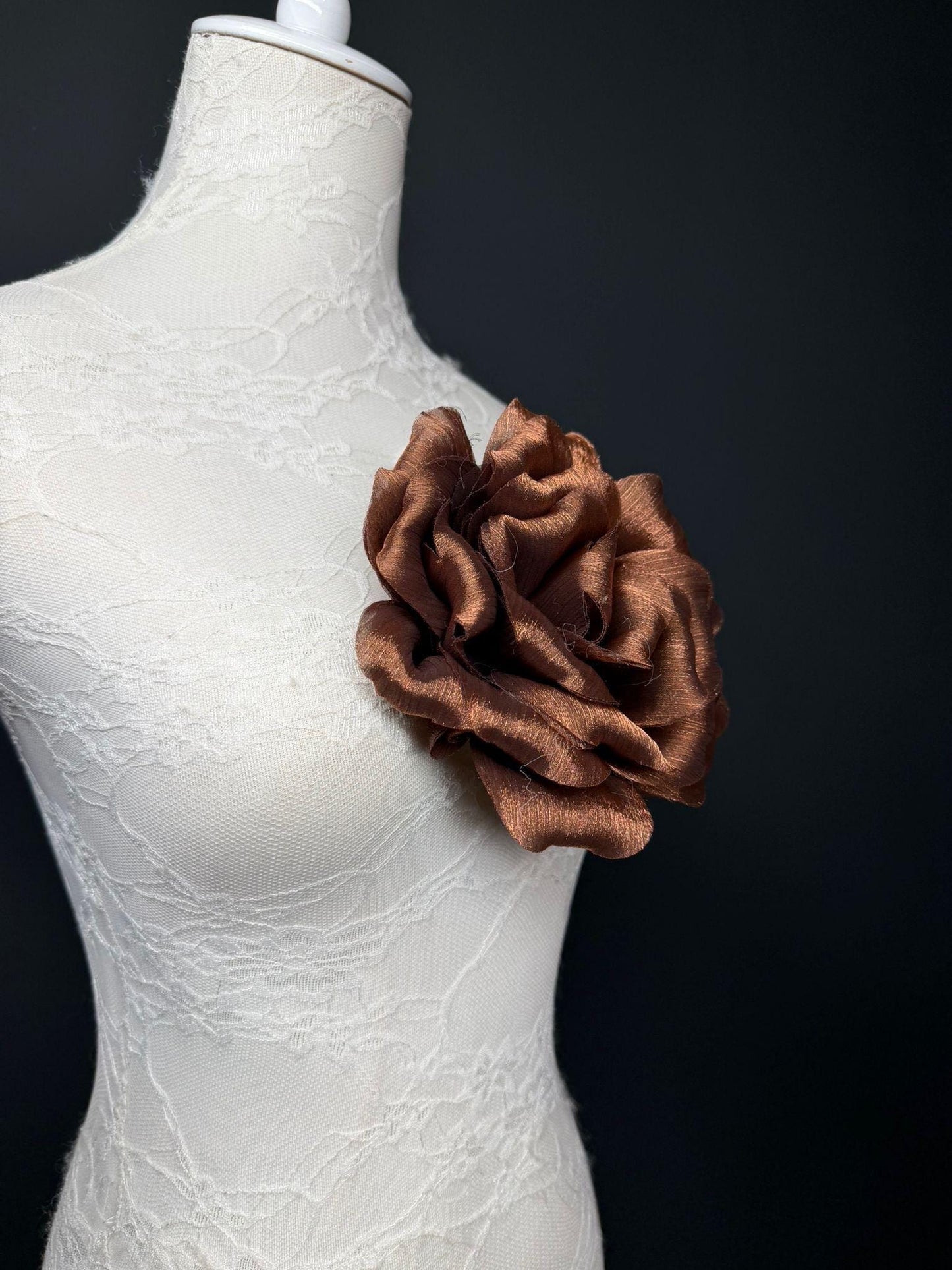 Brown Handmade Organza Corsage Flower, Pin-On Brooch (6" Wide)