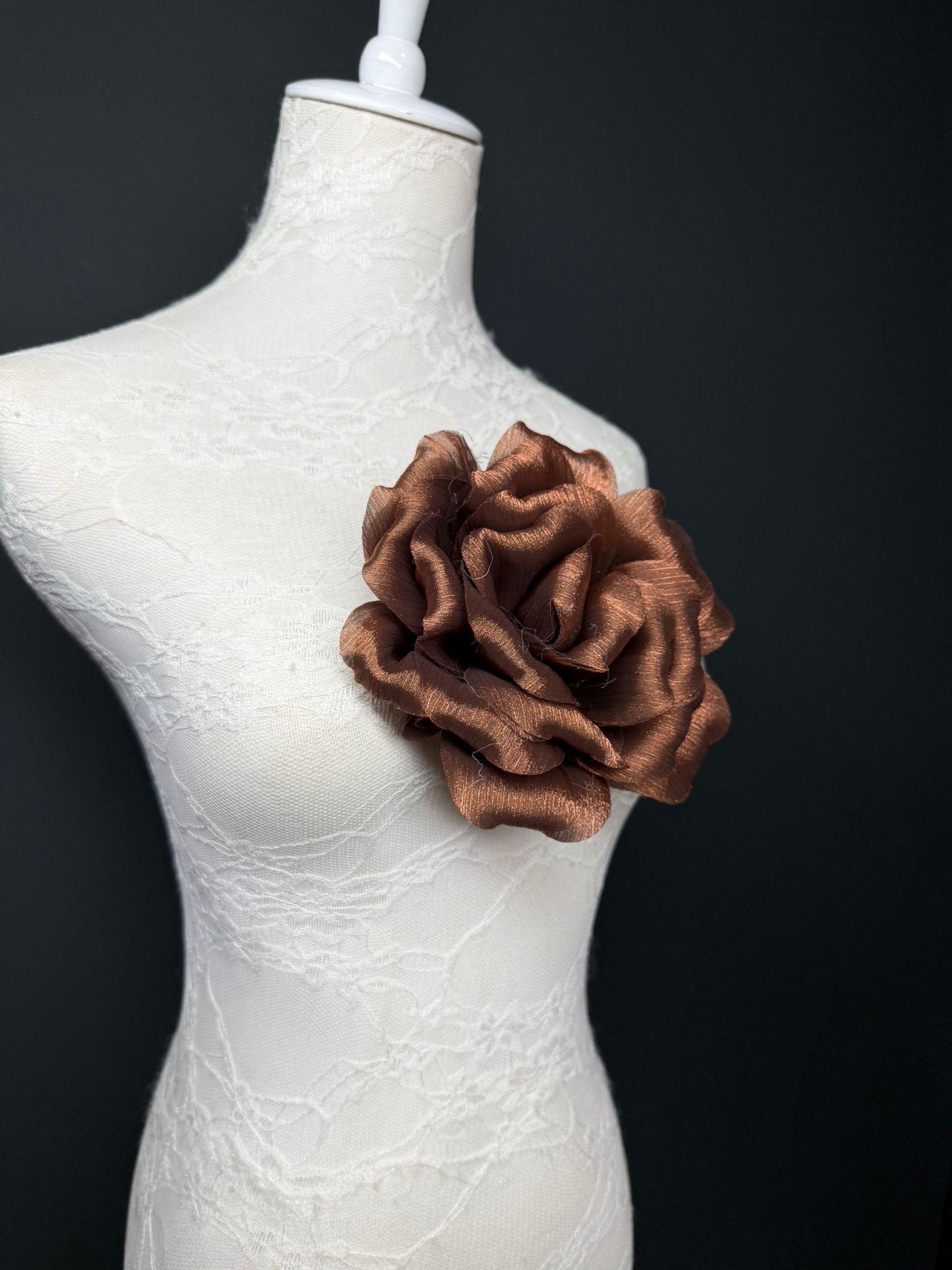Brown Handmade Organza Corsage Flower, Pin-On Brooch (6" Wide)