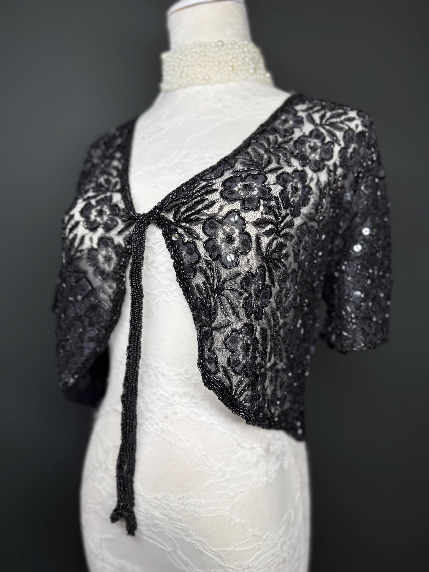 Beaded Shrug, Black Beaded Shrug, Sequin Beaded Shrug, Heavily Beaded, Black, Elegant, Gift, Small, Medium, Large, X-Large, Short Sleeve
