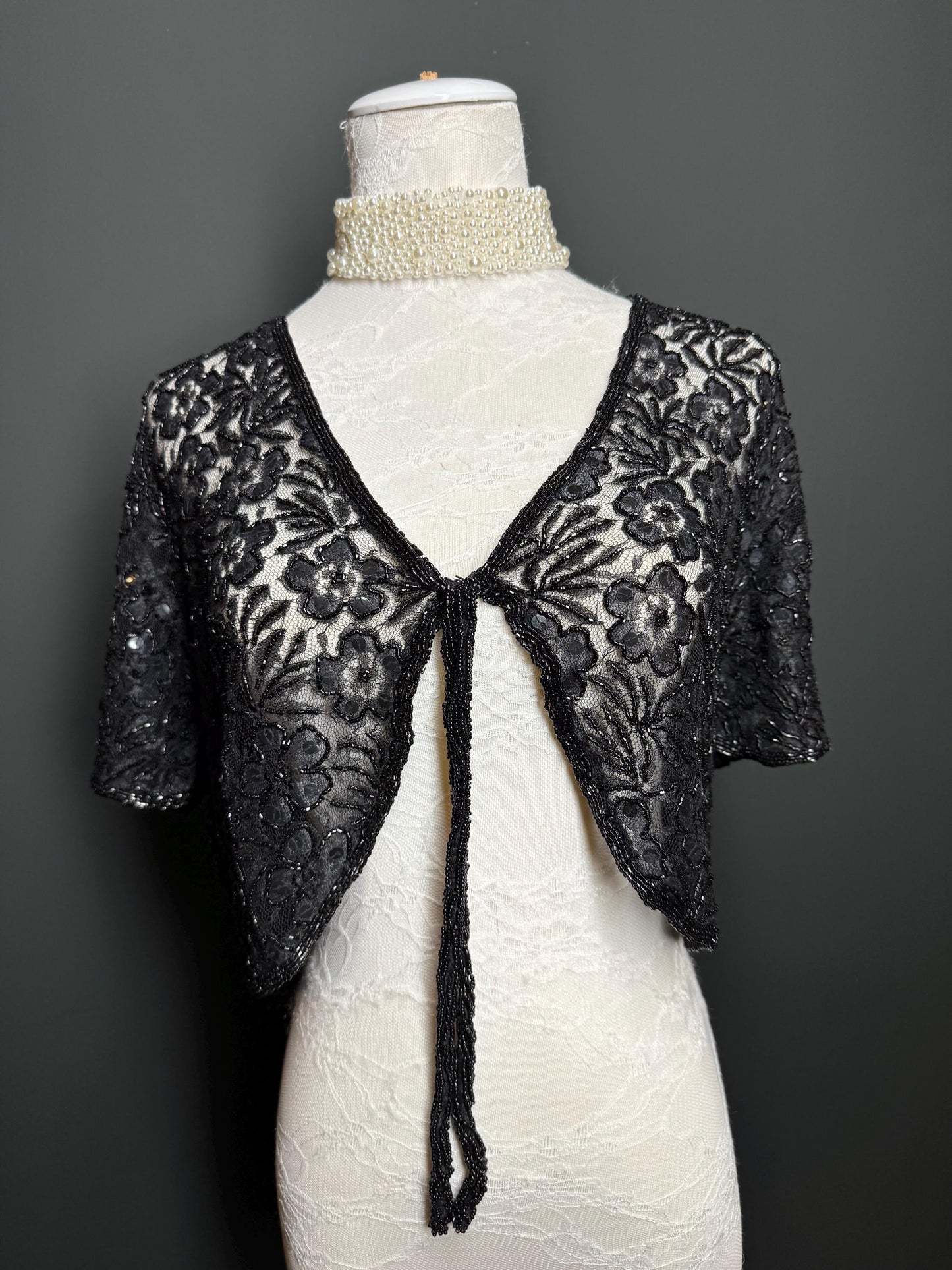 Beaded Shrug, Black Beaded Shrug, Sequin Beaded Shrug, Heavily Beaded, Black, Elegant, Gift, Small, Medium, Large, X-Large, Short Sleeve