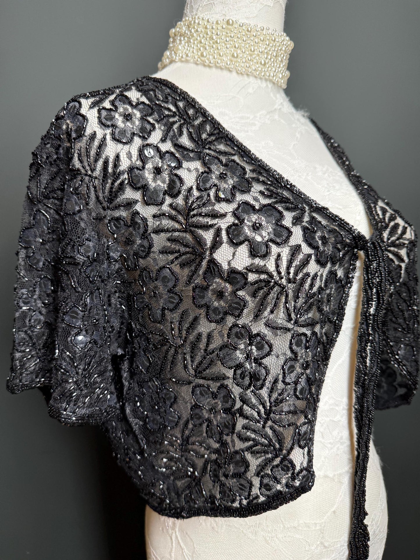 Beaded Shrug, Black Beaded Shrug, Sequin Beaded Shrug, Heavily Beaded, Black, Elegant, Gift, Small, Medium, Large, X-Large, Short Sleeve