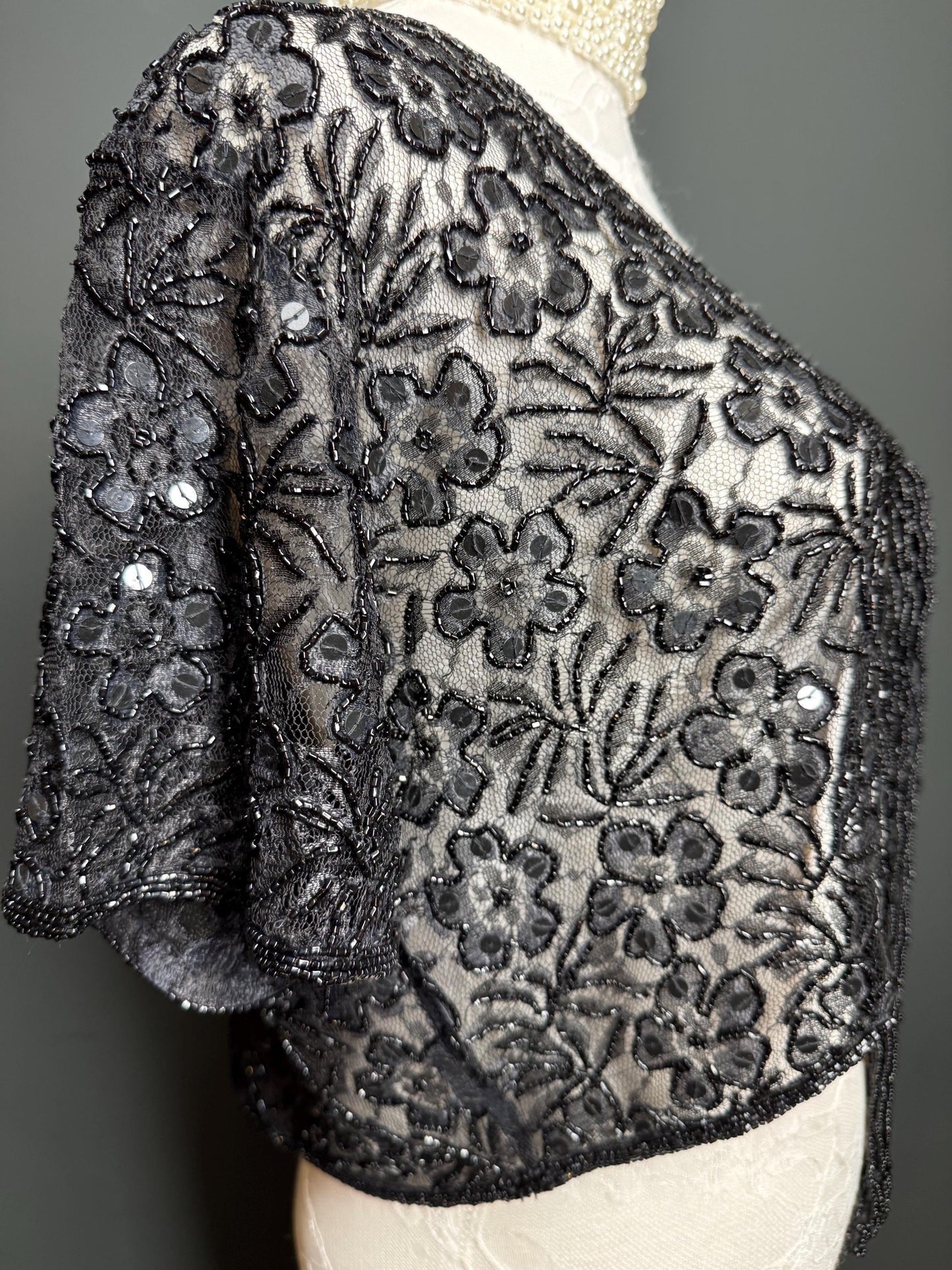 Beaded Shrug, Black Beaded Shrug, Sequin Beaded Shrug, Heavily Beaded, Black, Elegant, Gift, Small, Medium, Large, X-Large, Short Sleeve