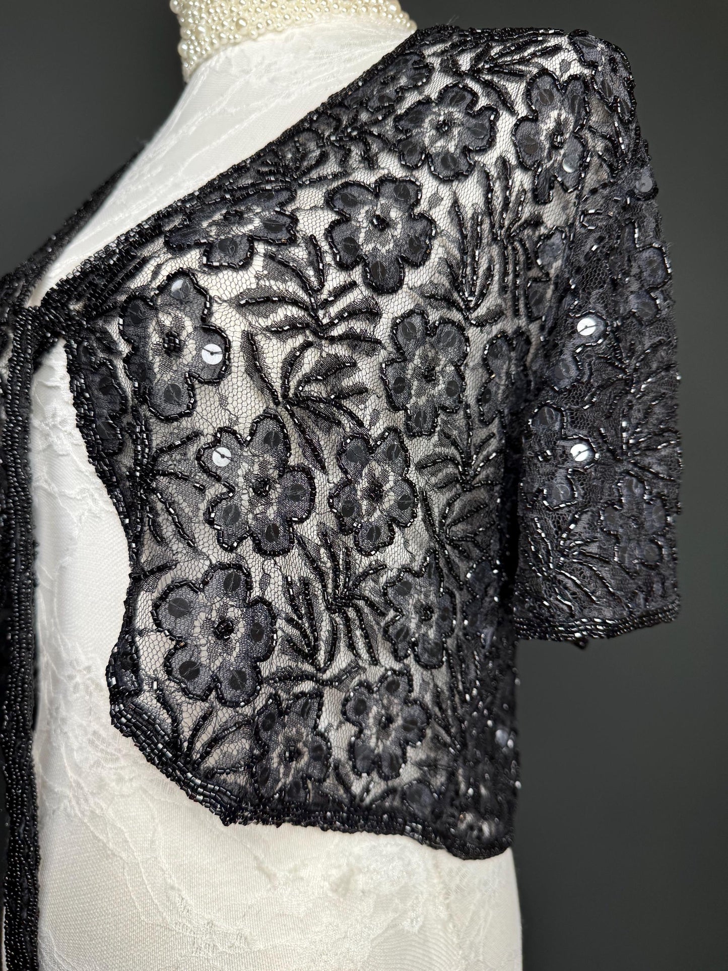 Beaded Shrug, Black Beaded Shrug, Sequin Beaded Shrug, Heavily Beaded, Black, Elegant, Gift, Small, Medium, Large, X-Large, Short Sleeve