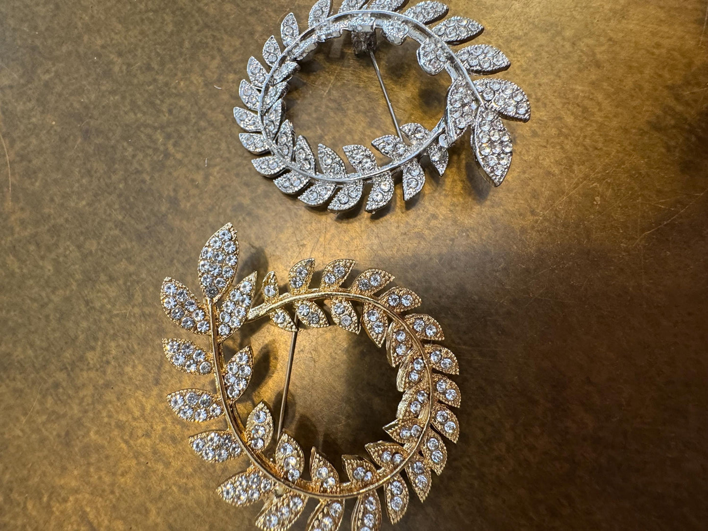 Rhinestone Leaf Brooch, Diamanté Brooch, Pin on, Jewel, Accessory, 2” Wide, Unusual, Gift, FAN Design, Brooches, Festival, Gift, Gold, Silve