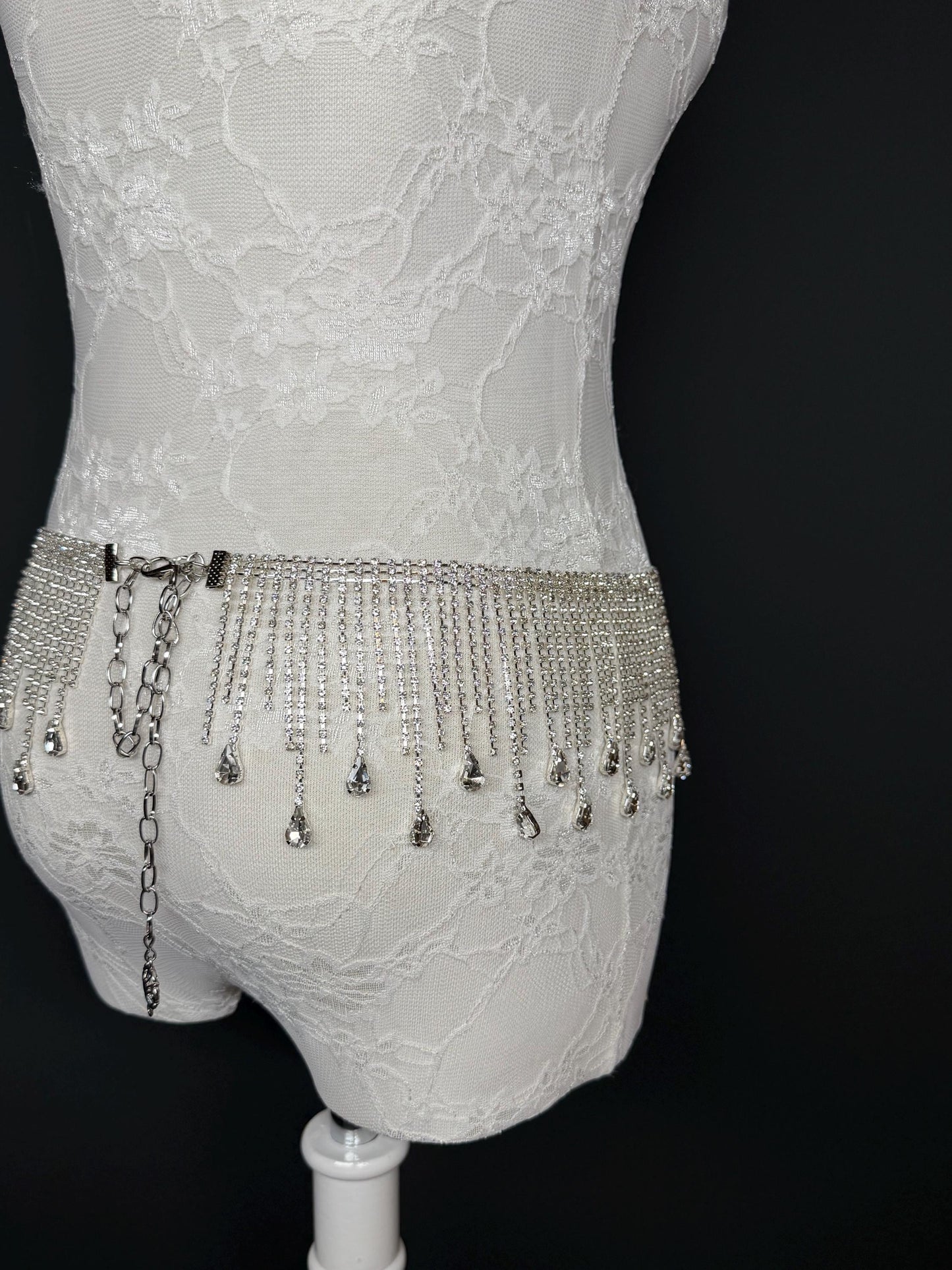 Belt Fringe Rhinetone, Teen Sizes, Size 18”-60”, Fan Design, Silver Jewel Metal belt, Fashion Accessory, Elegant, Festival
