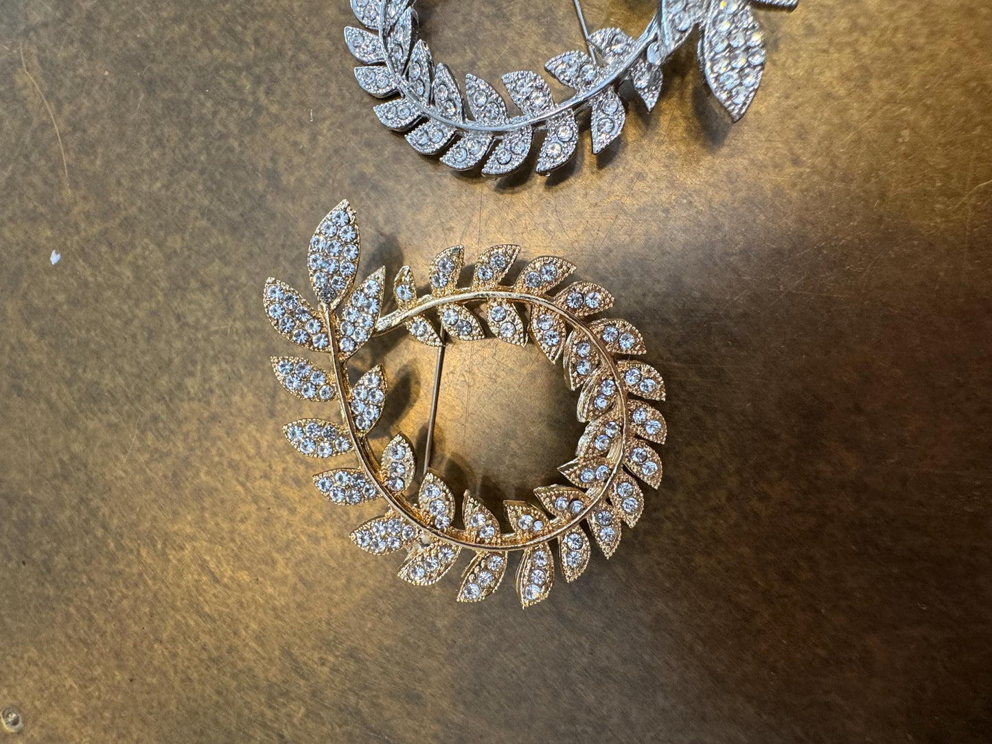 Rhinestone Leaf Brooch, Diamanté Brooch, Pin on, Jewel, Accessory, 2” Wide, Unusual, Gift, FAN Design, Brooches, Festival, Gift, Gold, Silve