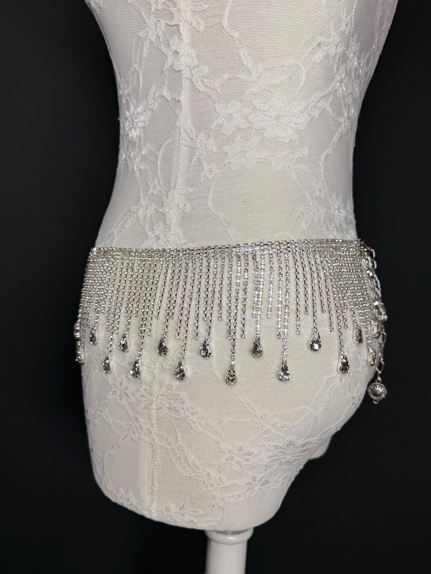Belt Fringe Rhinetone, Teen Sizes, Size 18”-60”, Fan Design, Silver Jewel Metal belt, Fashion Accessory, Elegant, Festival