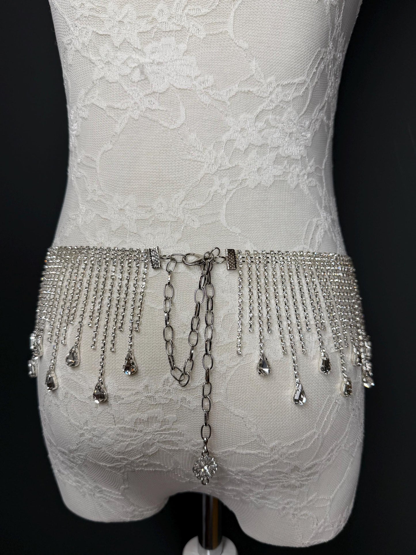 Belt Fringe Rhinetone, Teen Sizes, Size 18”-60”, Fan Design, Silver Jewel Metal belt, Fashion Accessory, Elegant, Festival