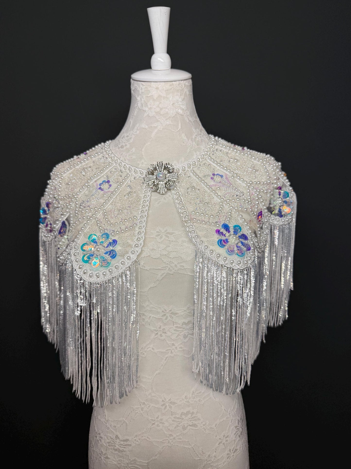 Pearl Sequins Beaded Fringe Cape Shawl – Handmade Embellished Evening Wrap