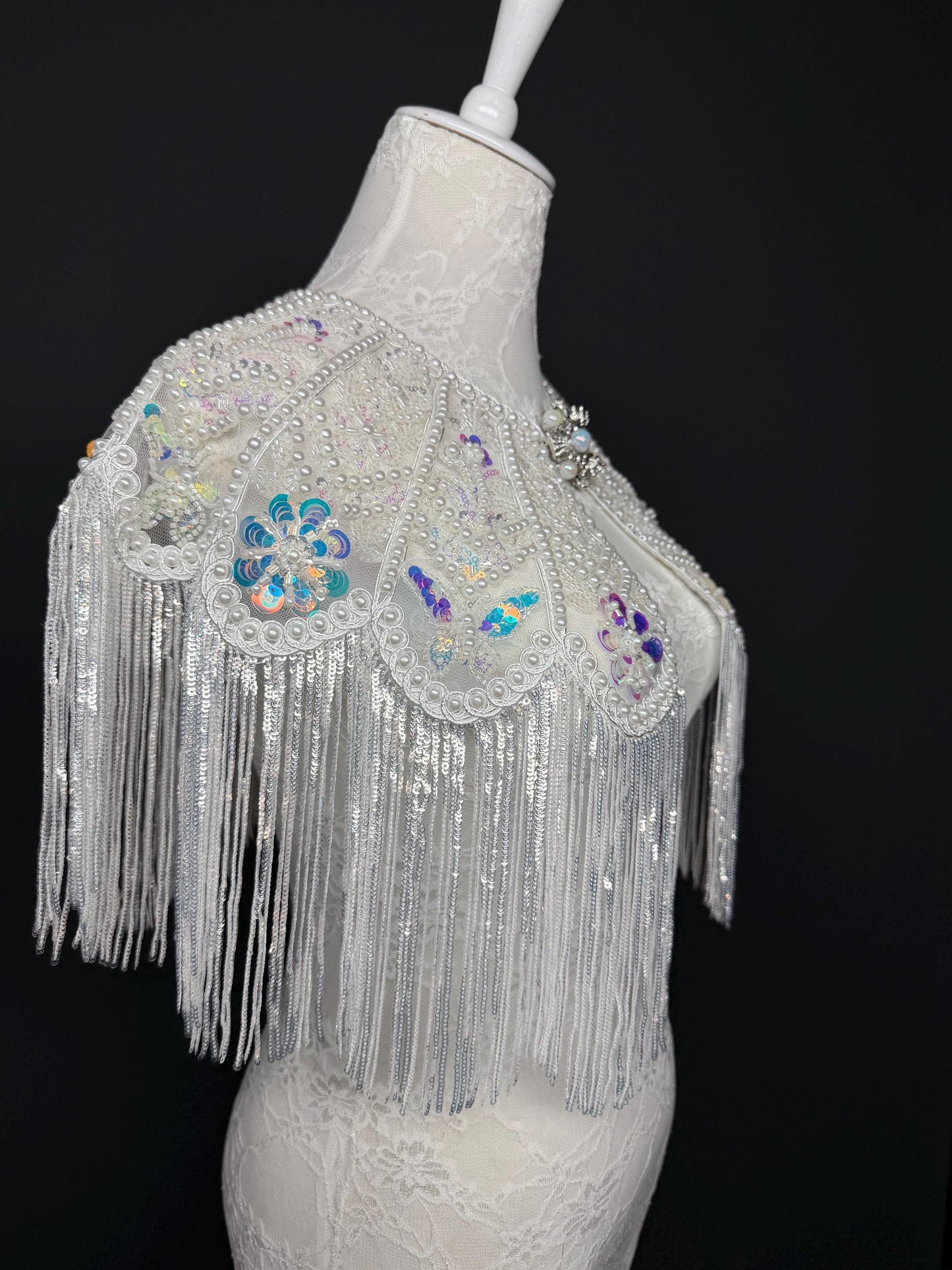 Pearl Sequins Beaded Fringe Cape Shawl – Handmade Embellished Evening Wrap