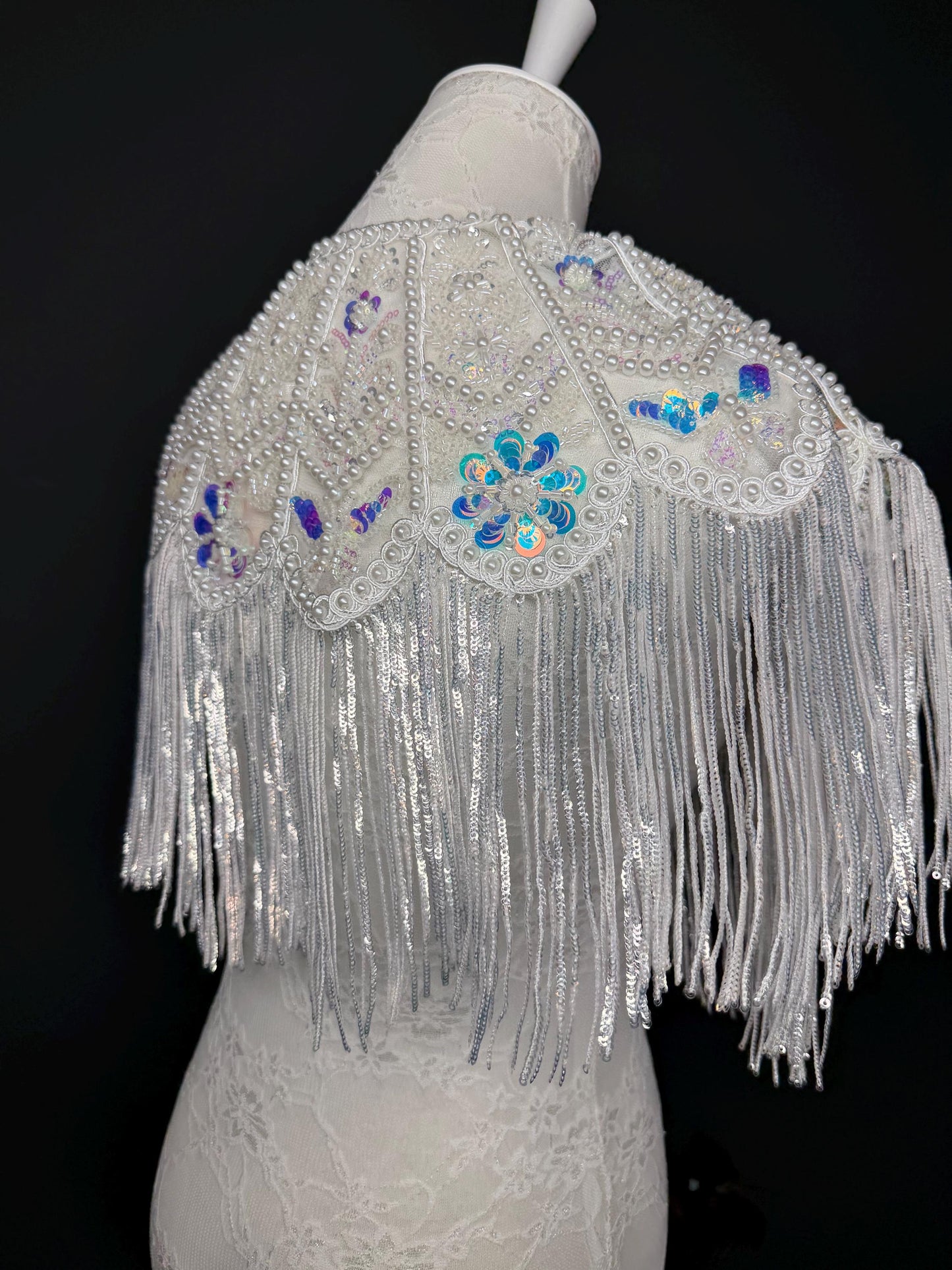 Pearl Sequins Beaded Fringe Cape Shawl – Handmade Embellished Evening Wrap