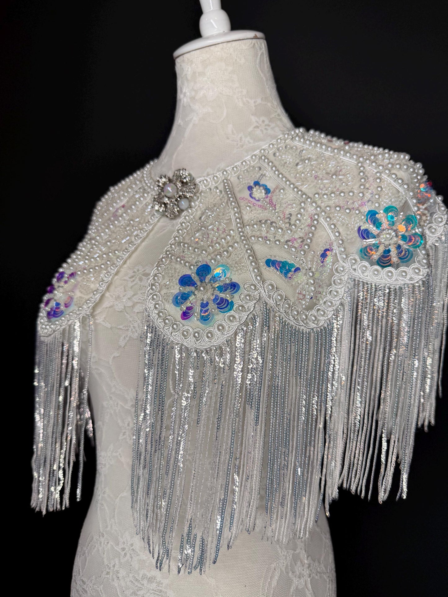Pearl Sequins Beaded Fringe Cape Shawl – Handmade Embellished Evening Wrap
