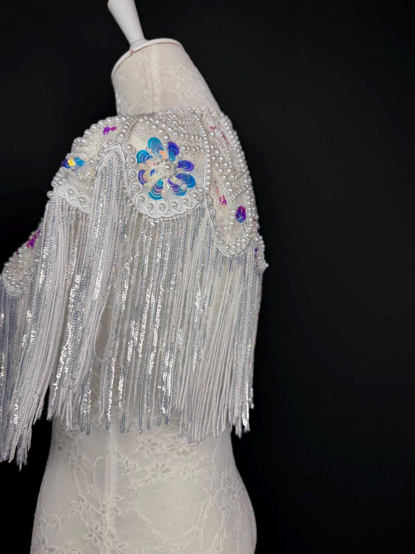 Pearl Sequins Beaded Fringe Cape Shawl – Handmade Embellished Evening Wrap