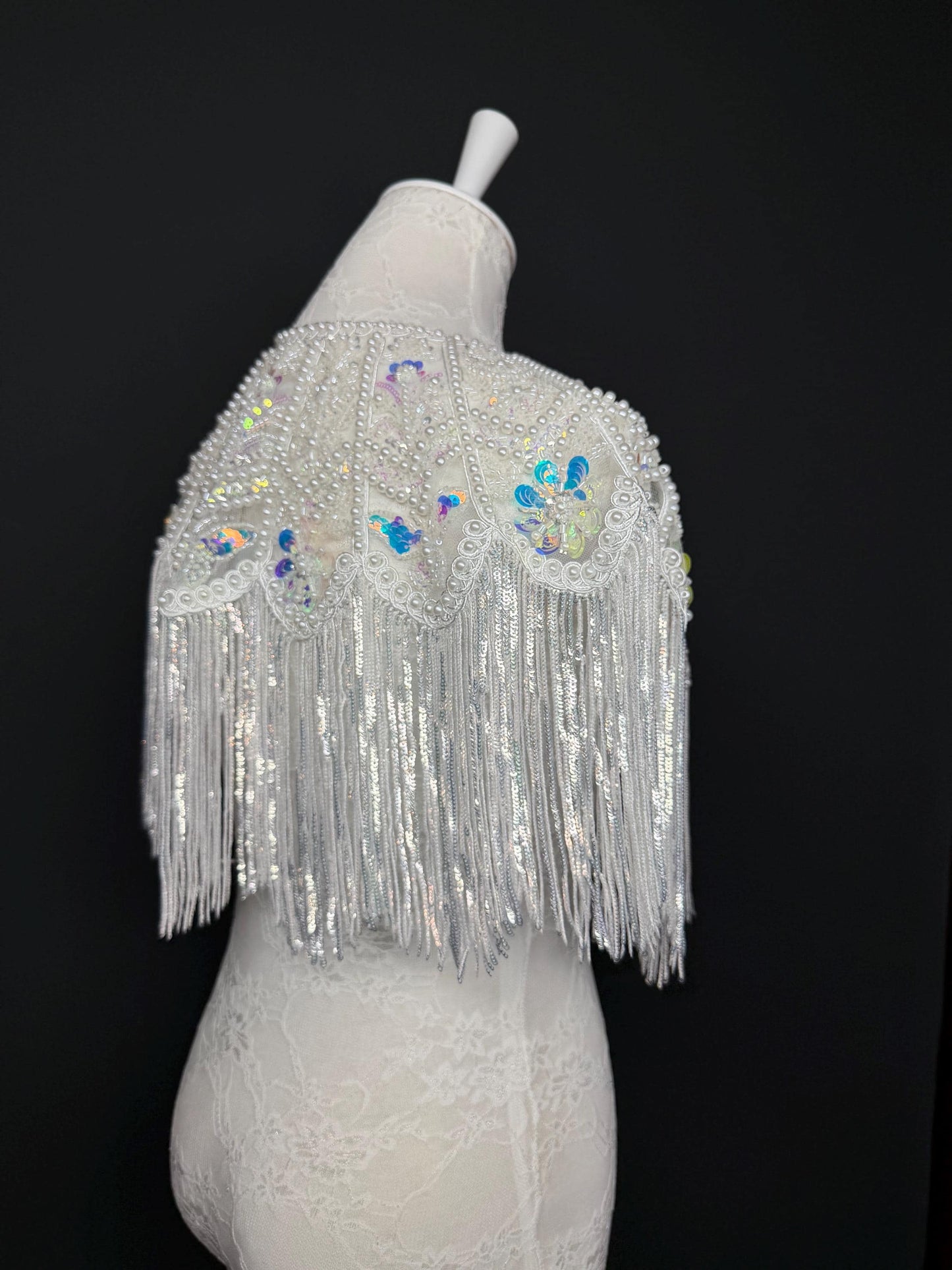 Pearl Sequins Beaded Fringe Cape Shawl – Handmade Embellished Evening Wrap
