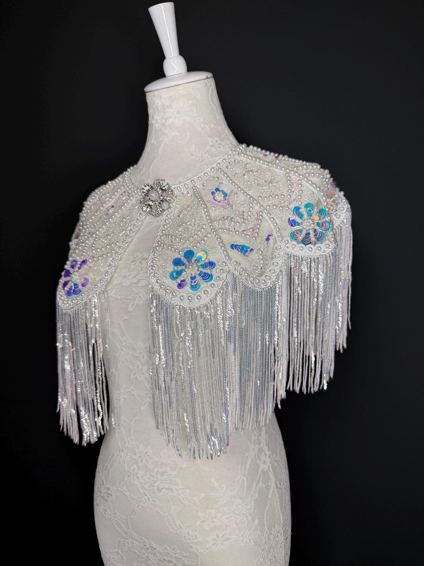 Pearl Sequins Beaded Fringe Cape Shawl – Handmade Embellished Evening Wrap