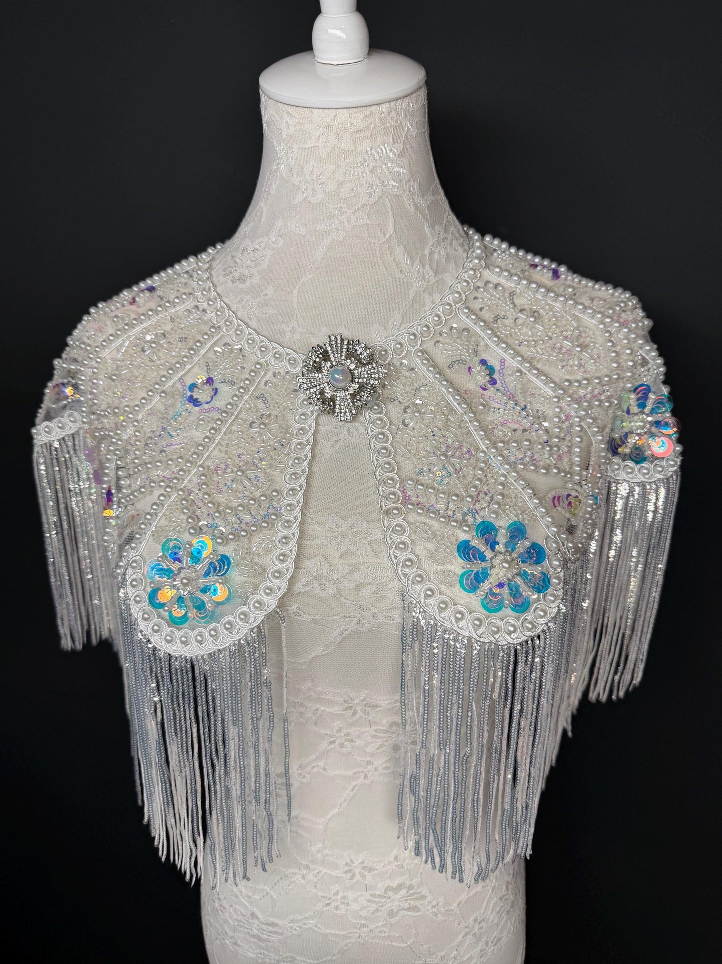 Pearl Sequins Beaded Fringe Cape Shawl – Handmade Embellished Evening Wrap