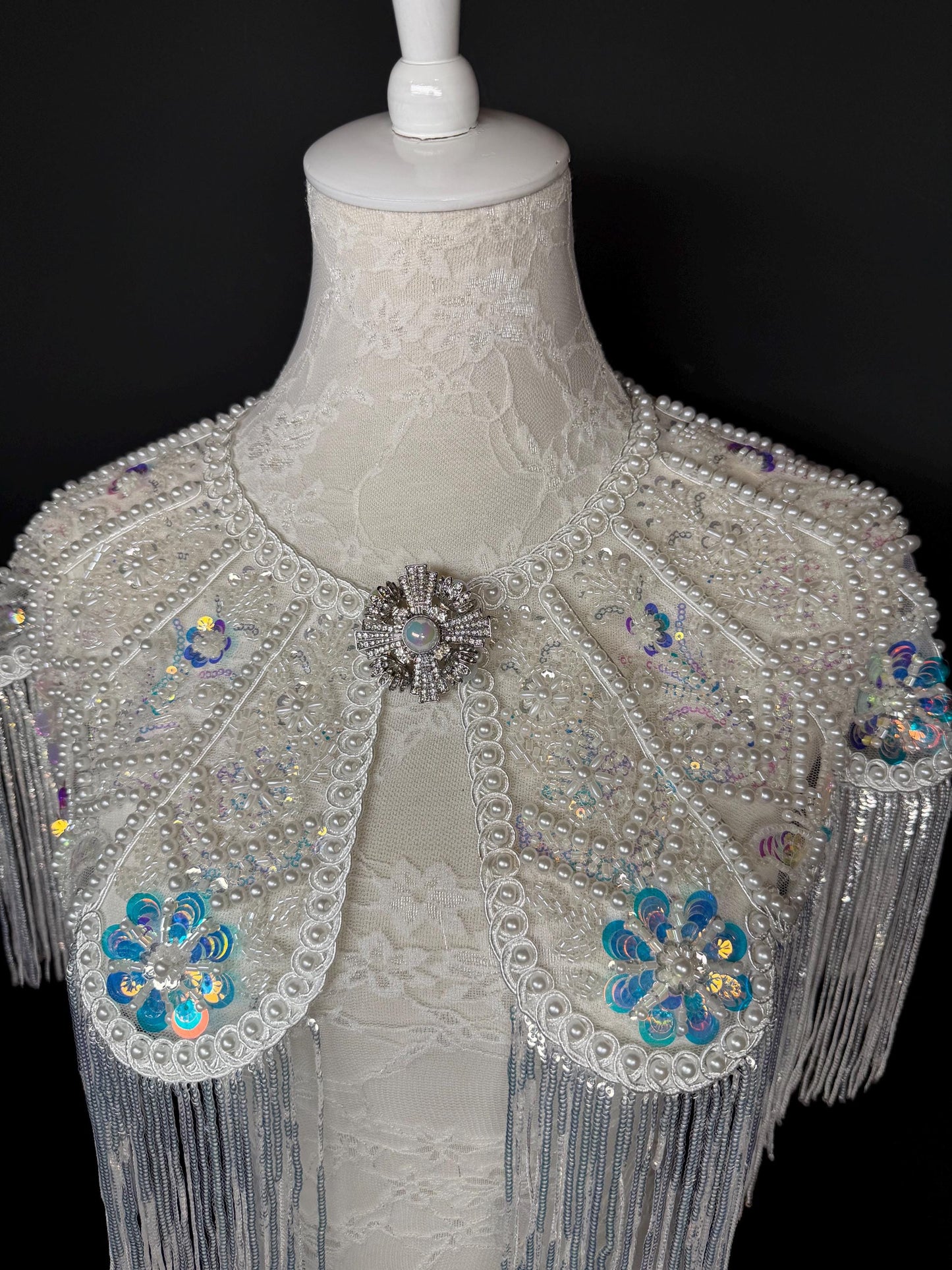 Pearl Sequins Beaded Fringe Cape Shawl – Handmade Embellished Evening Wrap