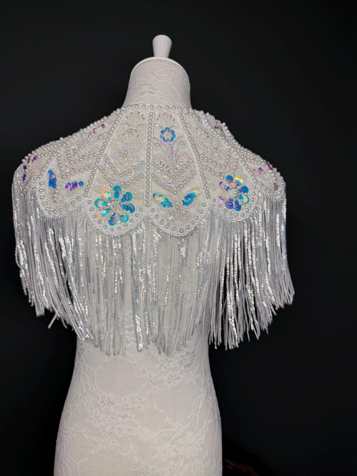 Pearl Sequins Beaded Fringe Cape Shawl – Handmade Embellished Evening Wrap