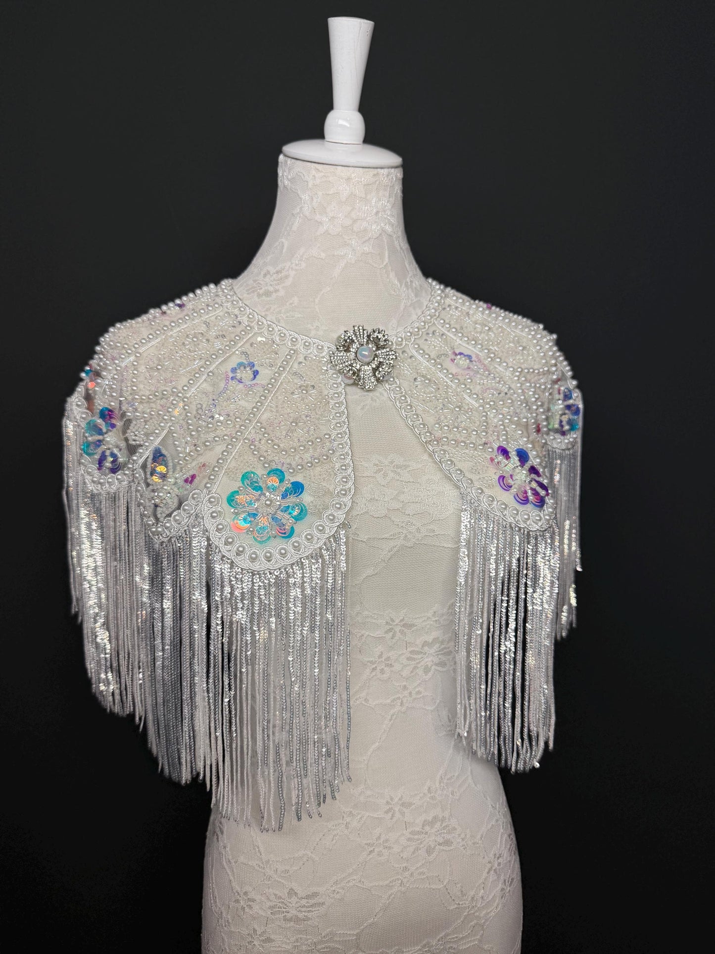Pearl Sequins Beaded Fringe Cape Shawl – Handmade Embellished Evening Wrap
