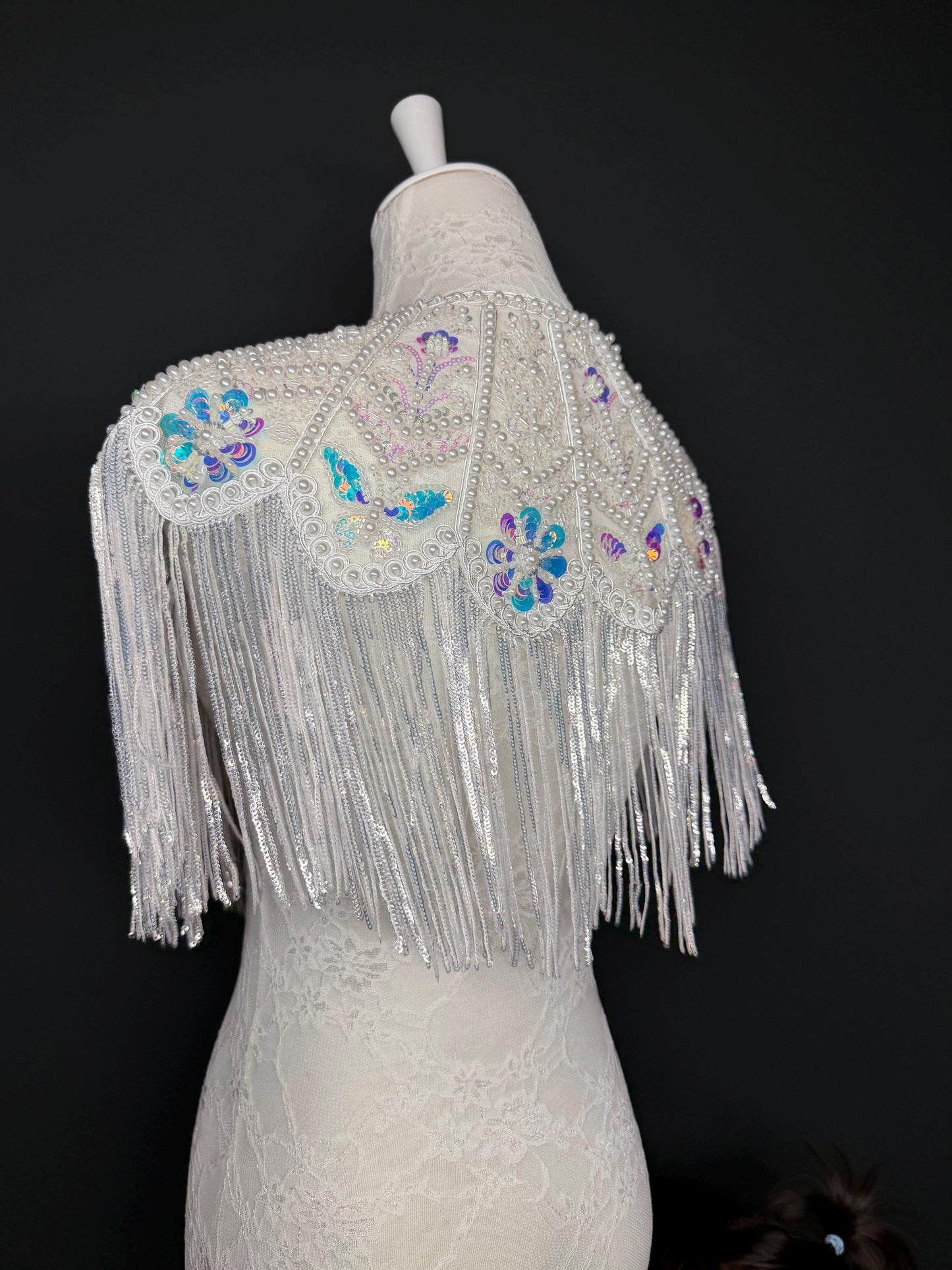 Pearl Sequins Beaded Fringe Cape Shawl – Handmade Embellished Evening Wrap