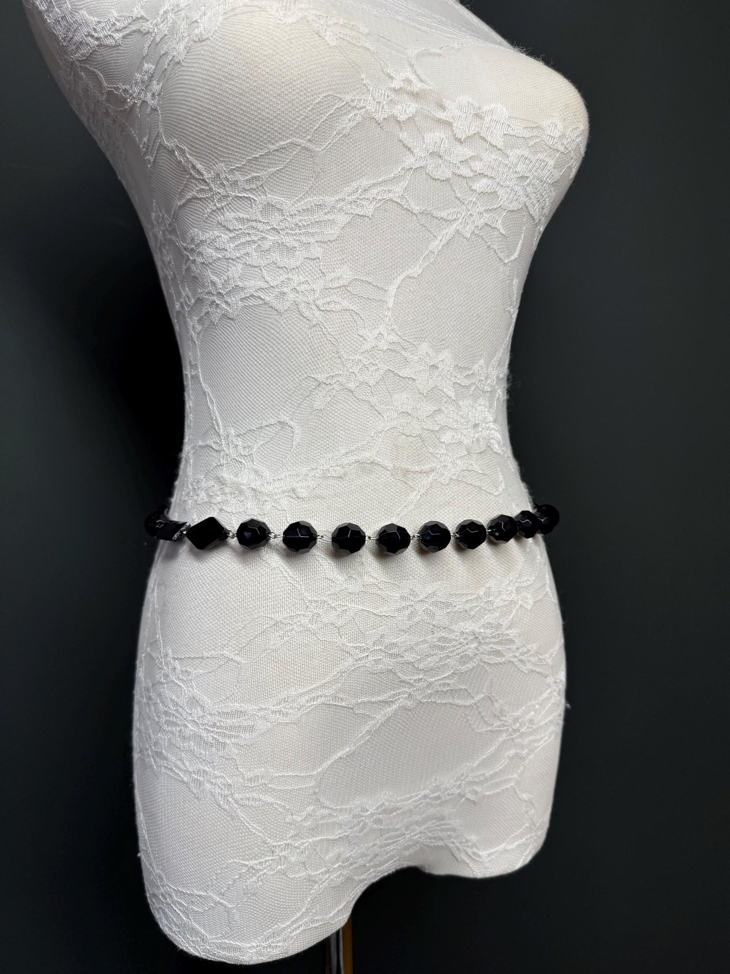 X-Long Belt, Faceted Black Bead Belt, Chain Belt, Vintage Style Belt, Beads, Fashion Belt, Gift, Quality Belt, Elegant, Swimwear Belt