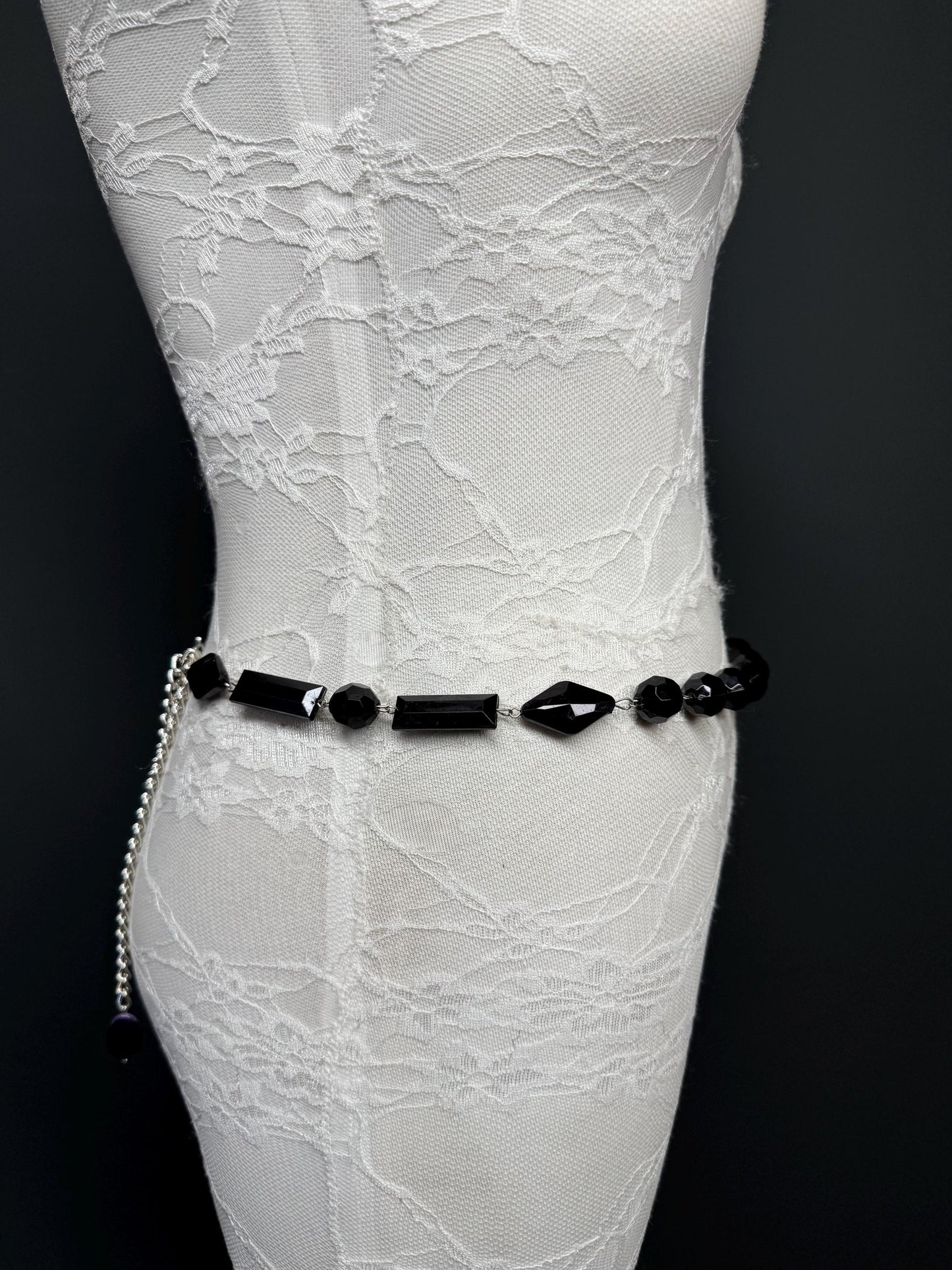 X-Long Belt, Faceted Black Bead Belt, Chain Belt, Vintage Style Belt, Beads, Fashion Belt, Gift, Quality Belt, Elegant, Swimwear Belt