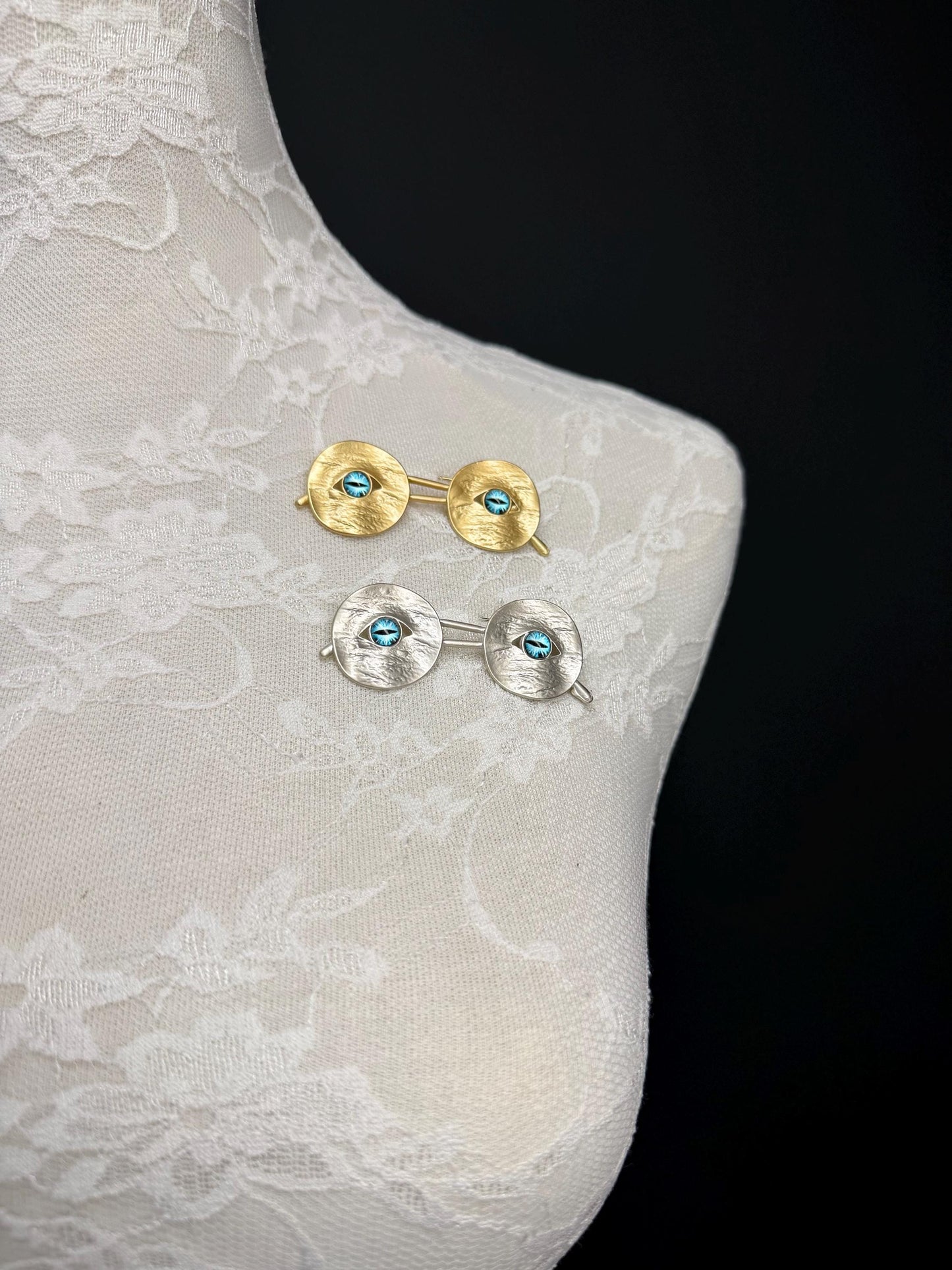 Eye Glasses Brooch, Pin on Brooch, Silver, Gold, Blue Eye Brooch
