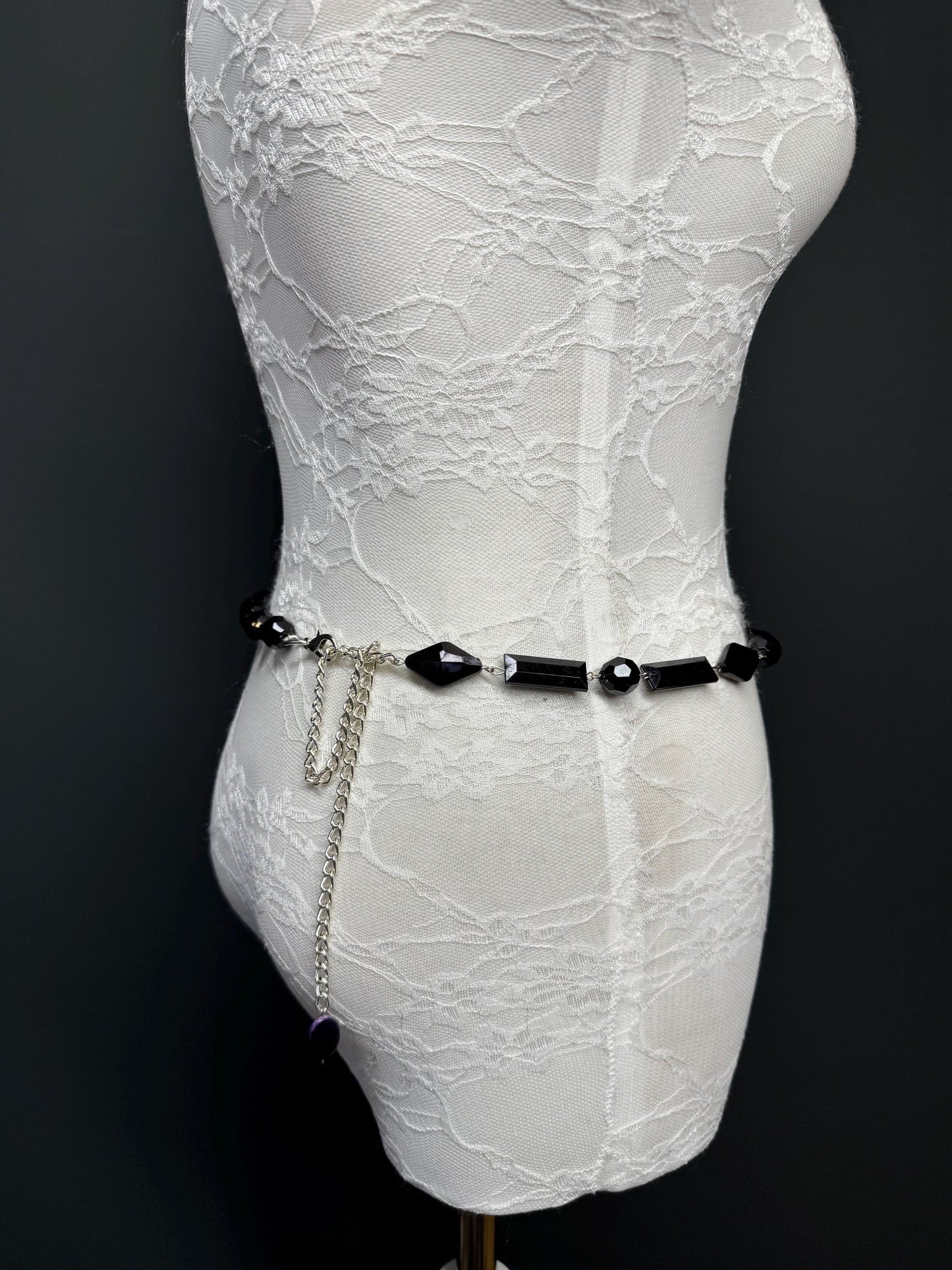 X-Long Belt, Faceted Black Bead Belt, Chain Belt, Vintage Style Belt, Beads, Fashion Belt, Gift, Quality Belt, Elegant, Swimwear Belt