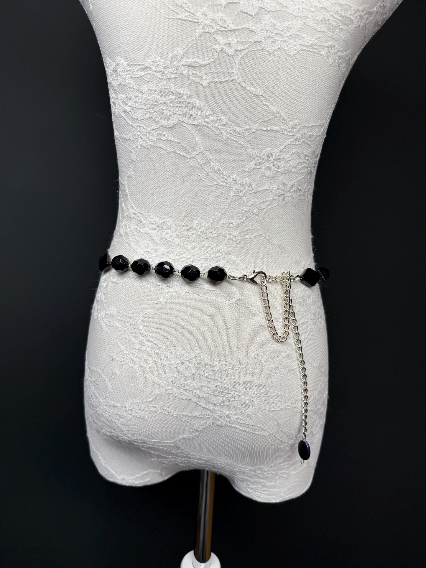 X-Long Belt, Faceted Black Bead Belt, Chain Belt, Vintage Style Belt, Beads, Fashion Belt, Gift, Quality Belt, Elegant, Swimwear Belt
