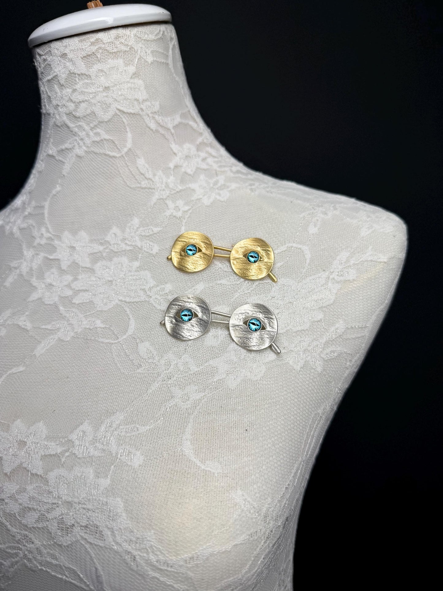 Eye Glasses Brooch, Pin on Brooch, Silver, Gold, Blue Eye Brooch