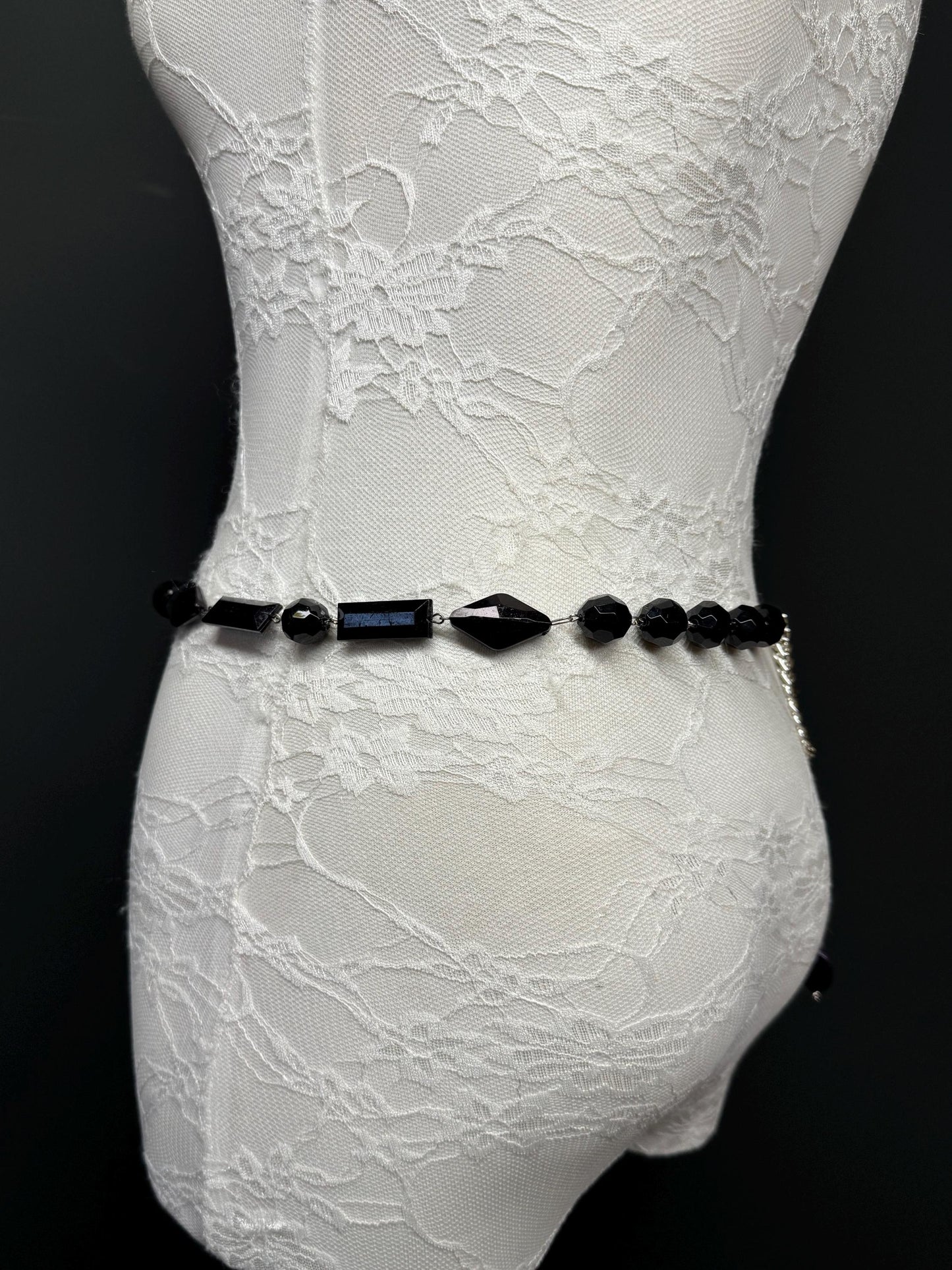 X-Long Belt, Faceted Black Bead Belt, Chain Belt, Vintage Style Belt, Beads, Fashion Belt, Gift, Quality Belt, Elegant, Swimwear Belt