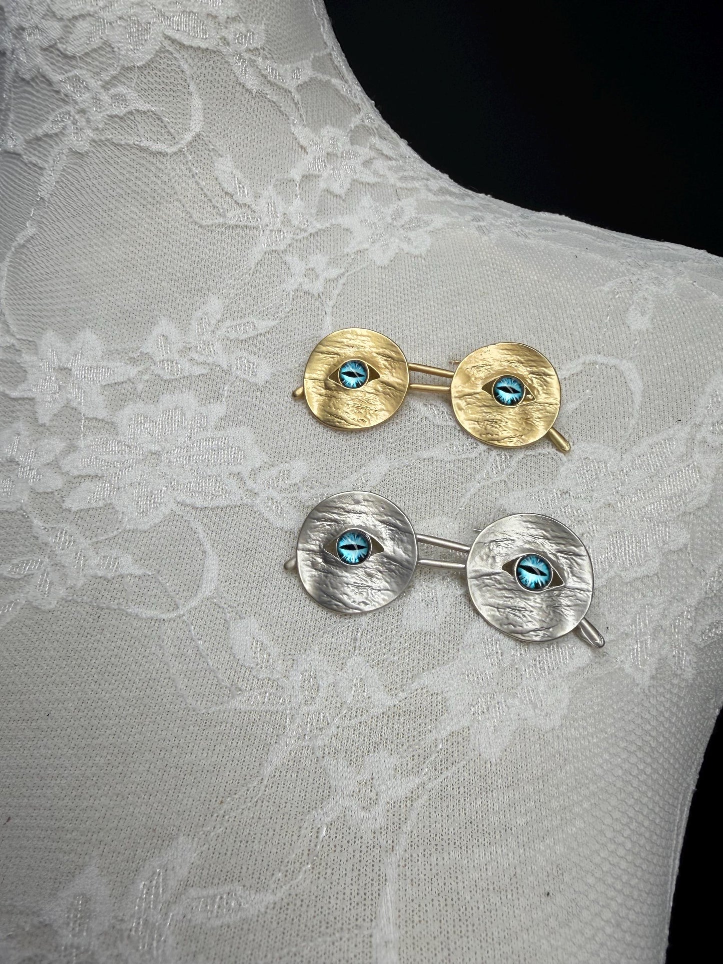 Eye Glasses Brooch, Pin on Brooch, Silver, Gold, Blue Eye Brooch
