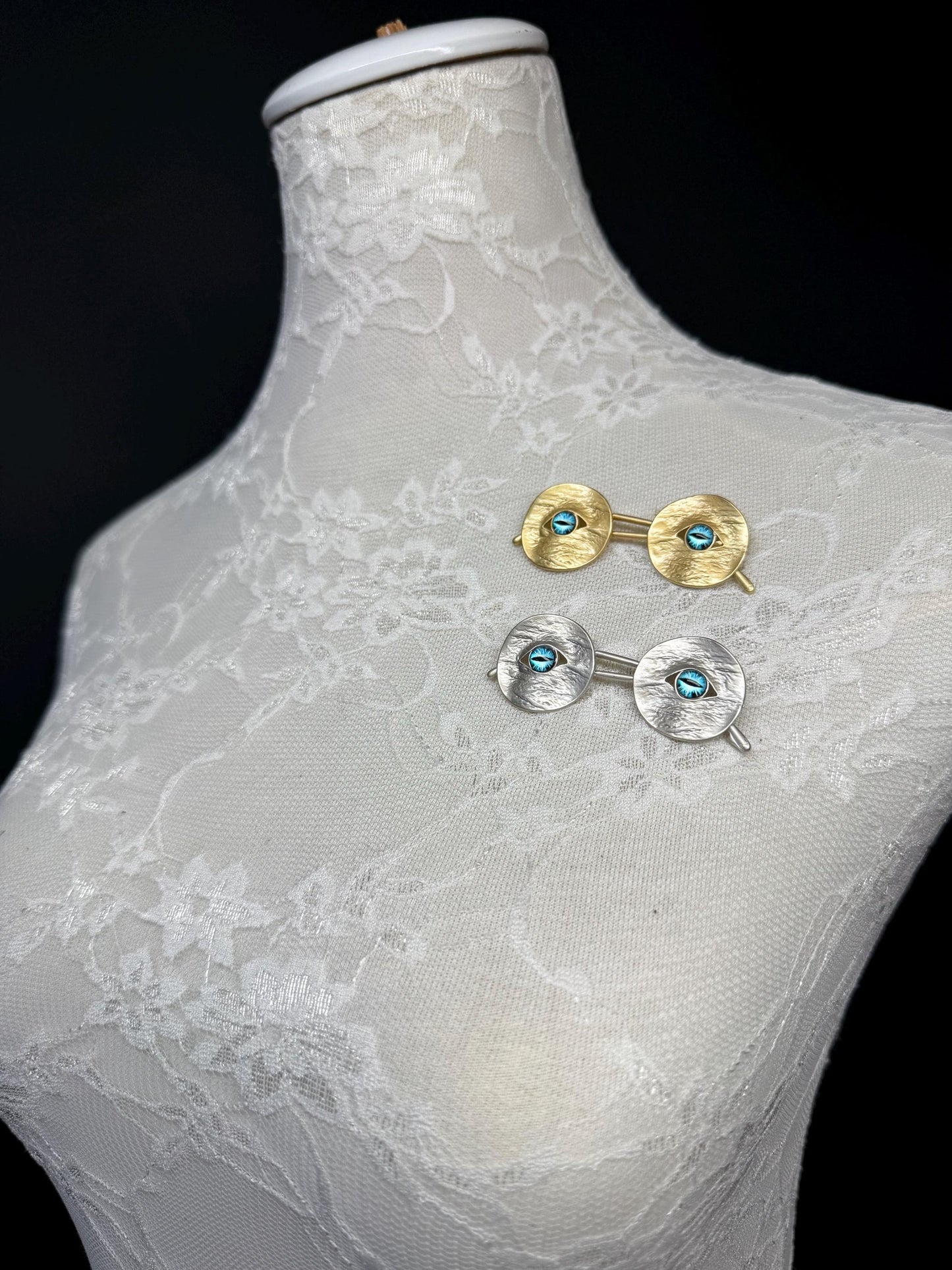 Eye Glasses Brooch, Pin on Brooch, Silver, Gold, Blue Eye Brooch