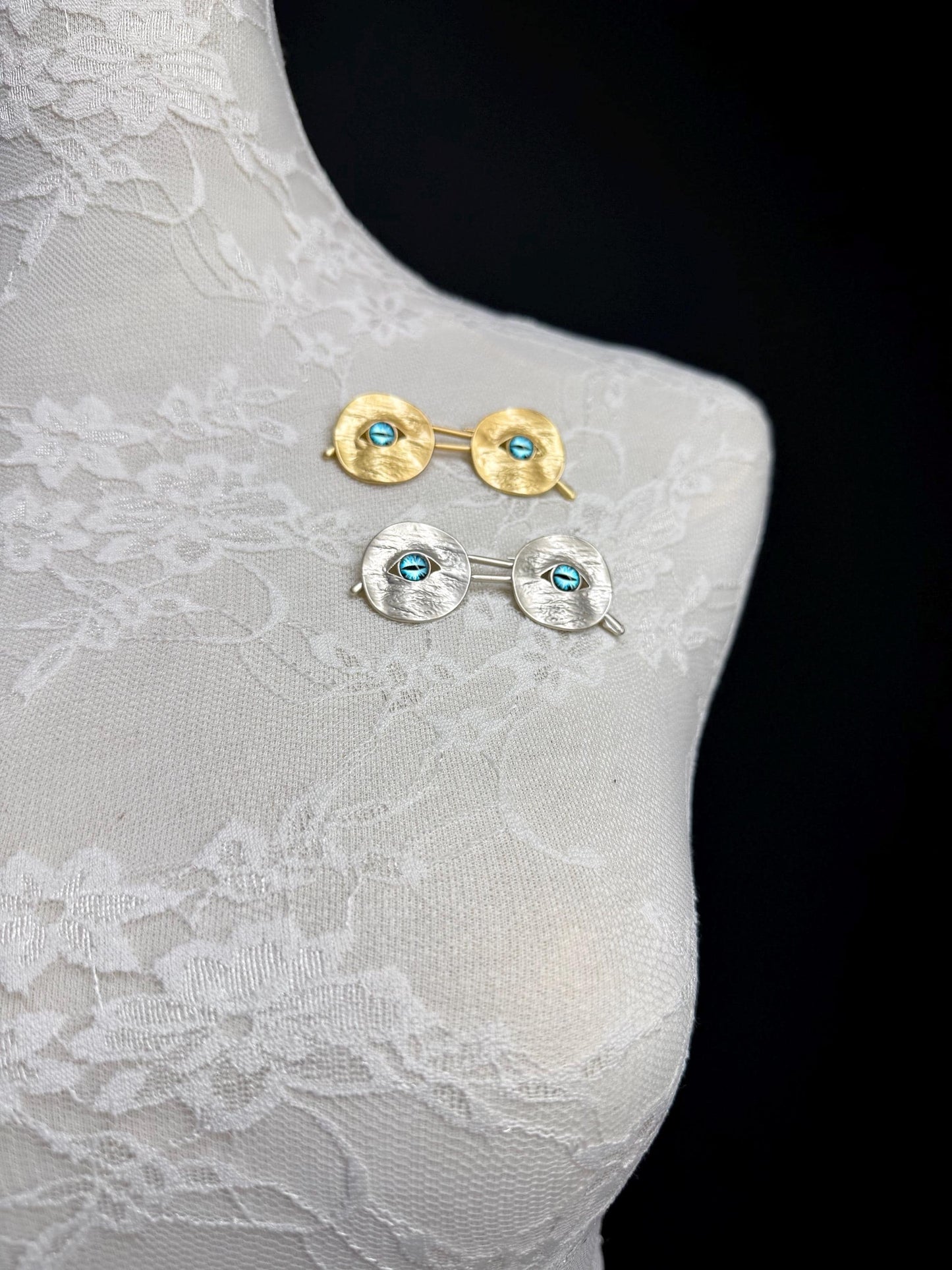 Eye Glasses Brooch, Pin on Brooch, Silver, Gold, Blue Eye Brooch