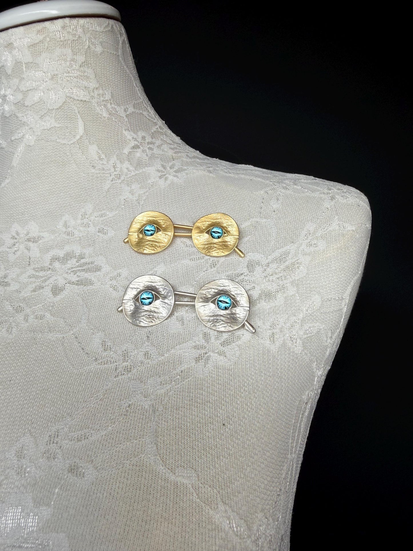 Eye Glasses Brooch, Pin on Brooch, Silver, Gold, Blue Eye Brooch