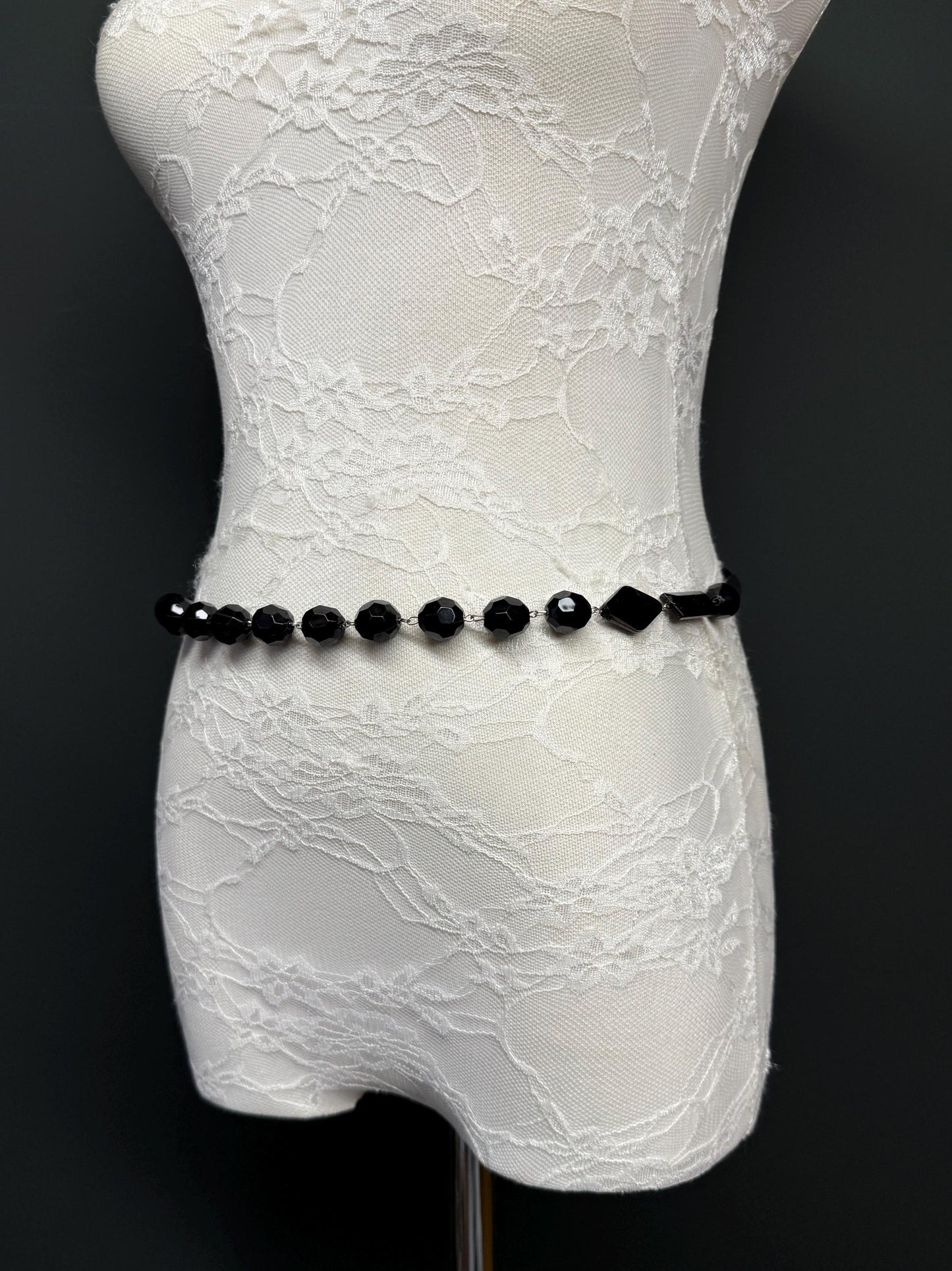 X-Long Belt, Faceted Black Bead Belt, Chain Belt, Vintage Style Belt, Beads, Fashion Belt, Gift, Quality Belt, Elegant, Swimwear Belt
