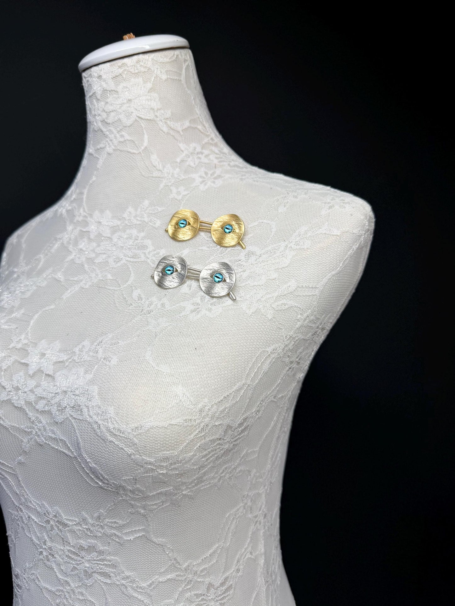 Eye Glasses Brooch, Pin on Brooch, Silver, Gold, Blue Eye Brooch