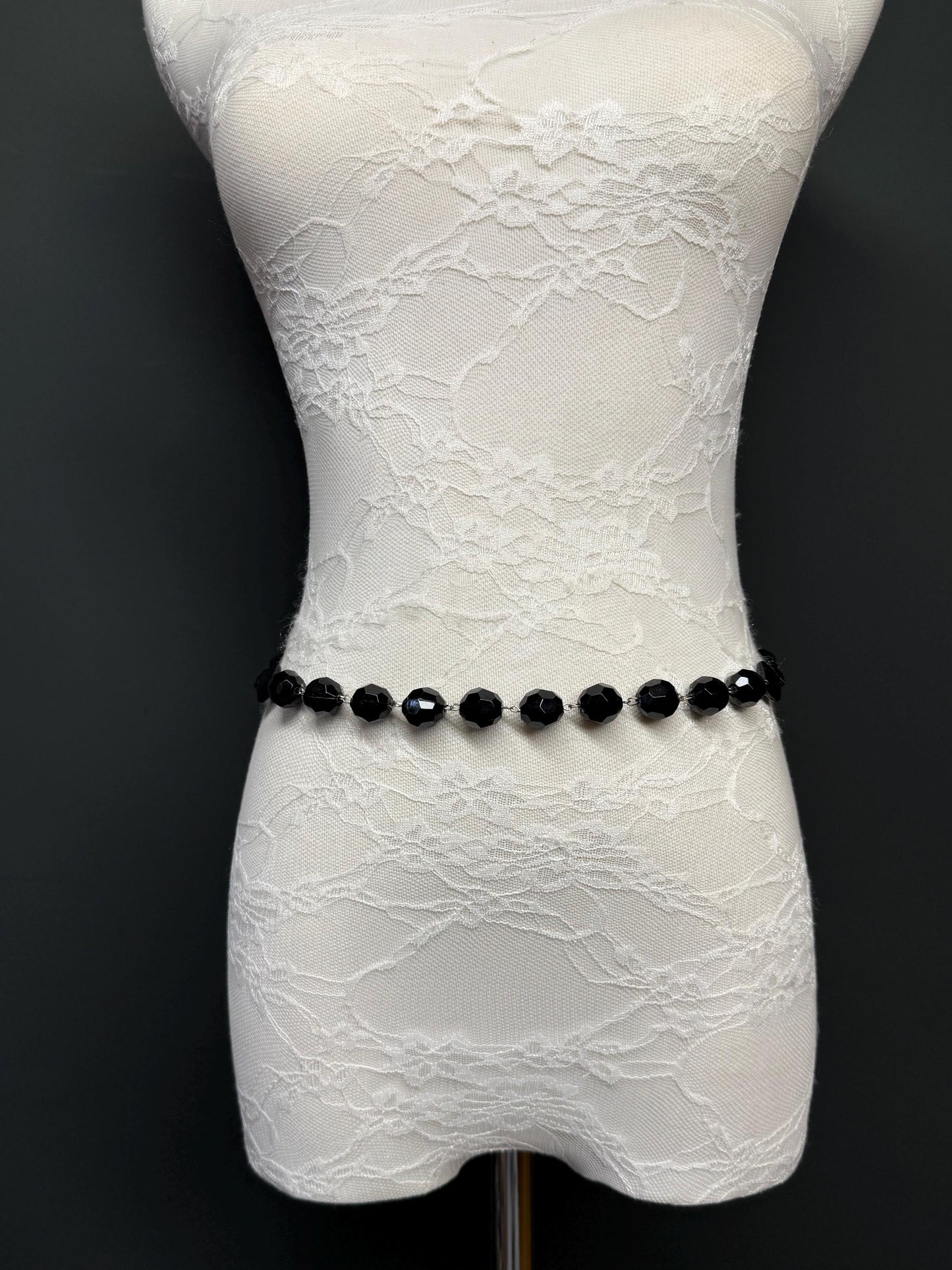 X-Long Belt, Faceted Black Bead Belt, Chain Belt, Vintage Style Belt, Beads, Fashion Belt, Gift, Quality Belt, Elegant, Swimwear Belt
